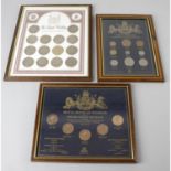 An assorted selection of framed and glazed coin, banknote and stamp display sets. (7)