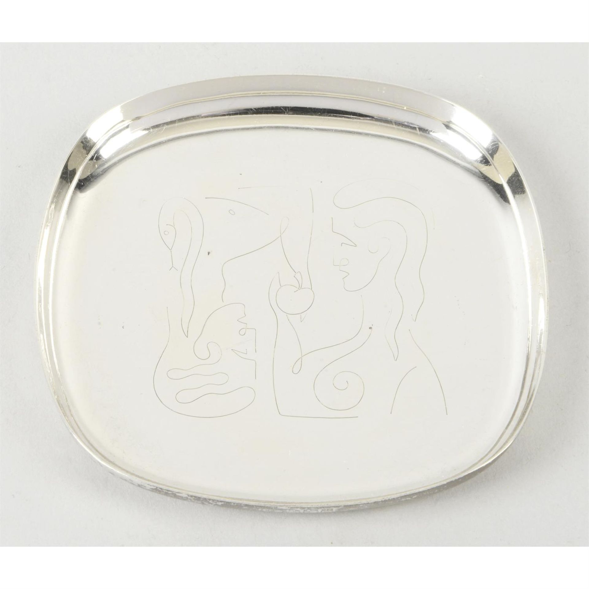 A mid-20th century silver Adam and Eve dish, designed by Geoffrey Bellamy.