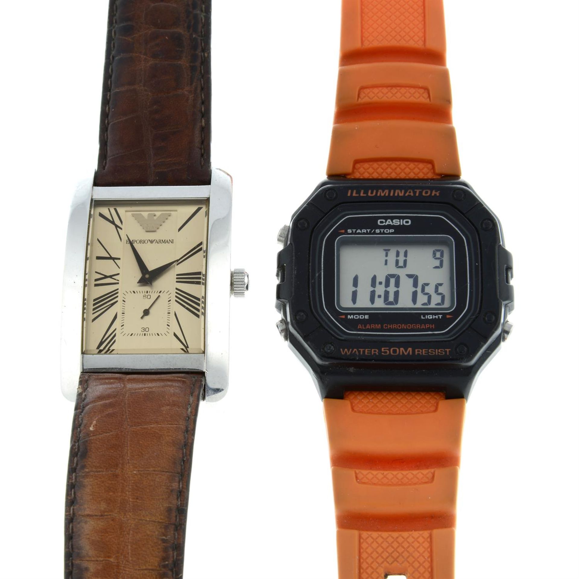A bag of assorted watches, to include examples by Casio and Emporio Armani. Approximately 25.