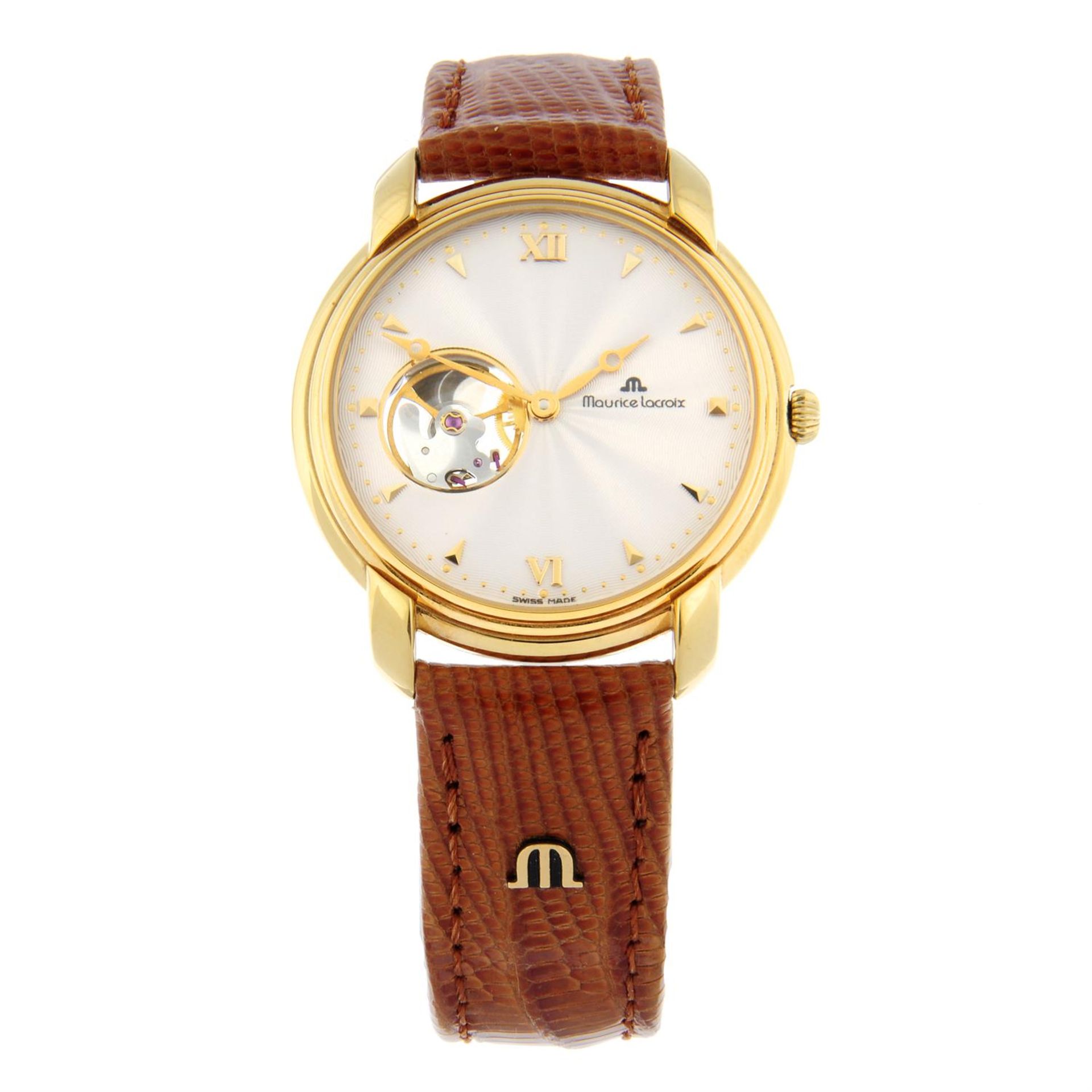 MAURICE LACROIX - a gold plated Perseux Open Heart wrist watch, 36mm.