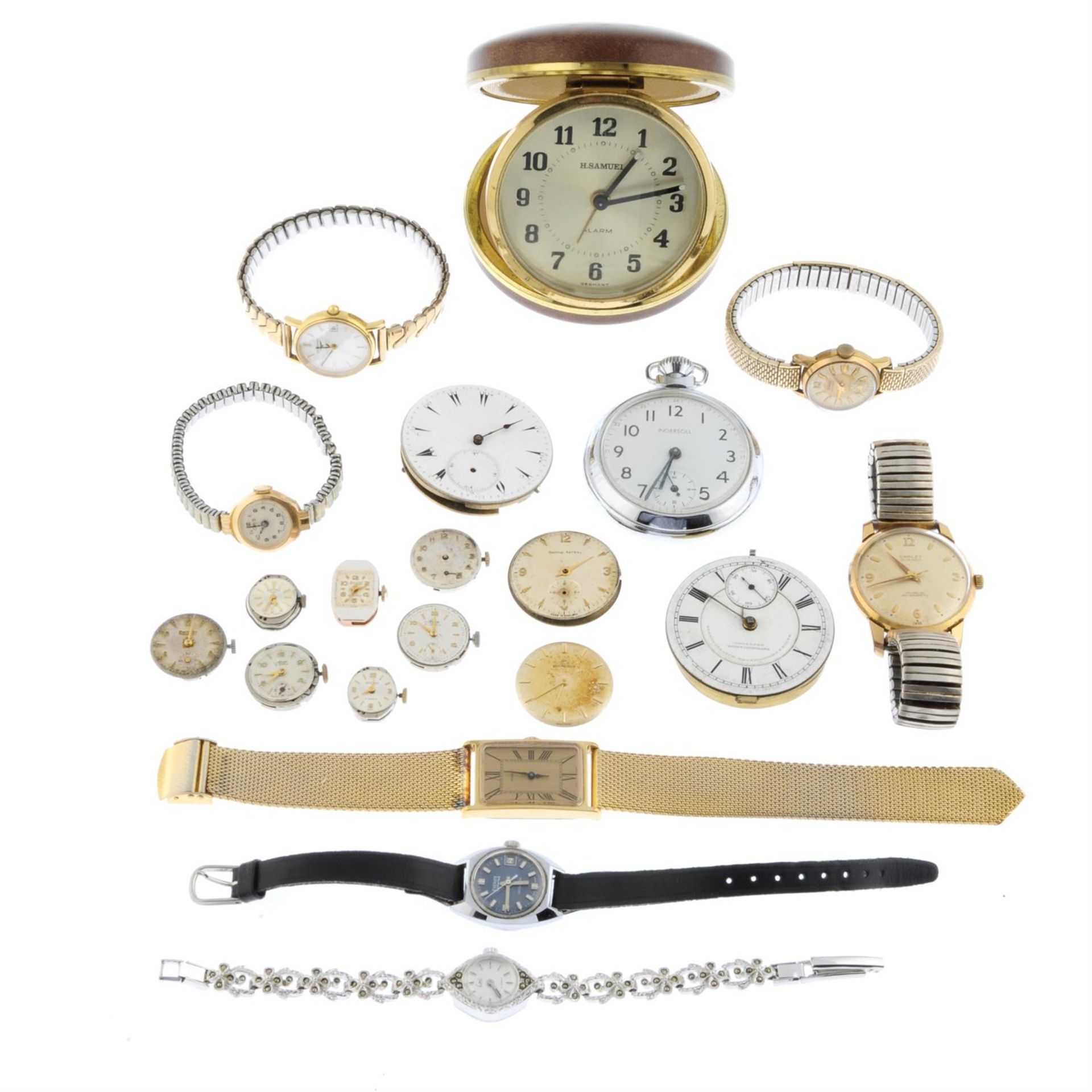 A group of seven assorted watches with pocket watch and watch movements.