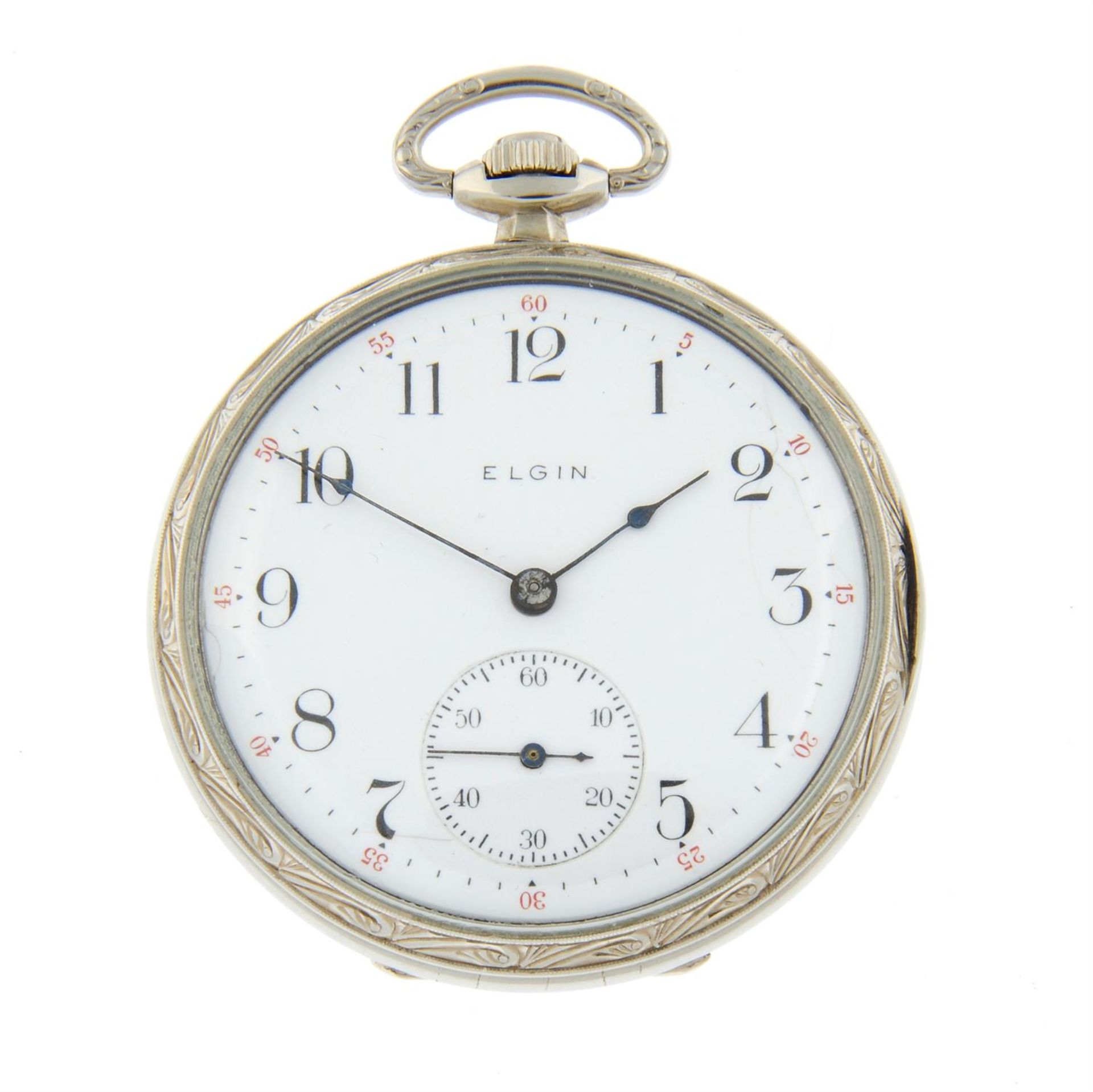 A white metal open face pocket watch by Elgin, 44mm.