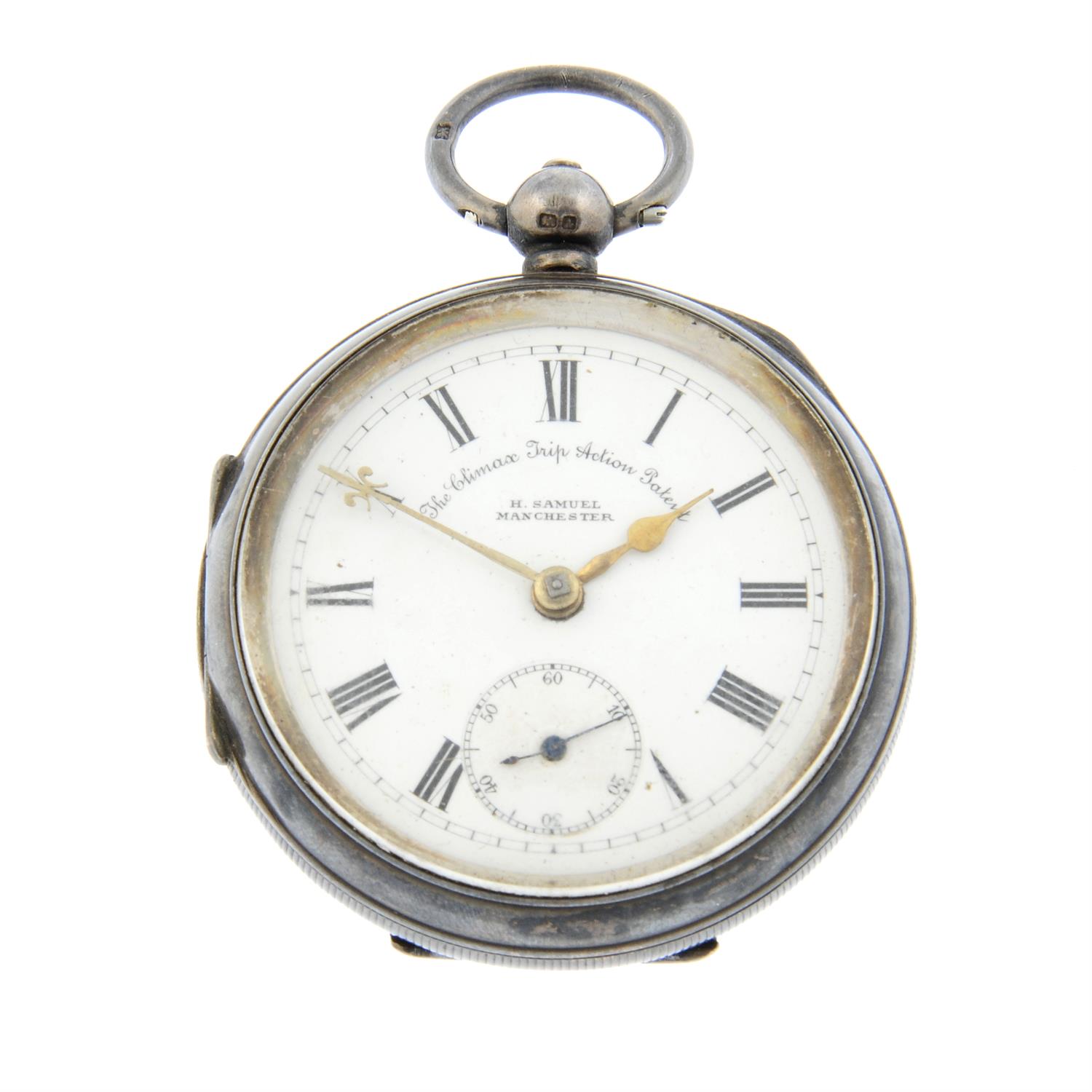 A silver open face pocket watch by H.Samuel, 55mm.