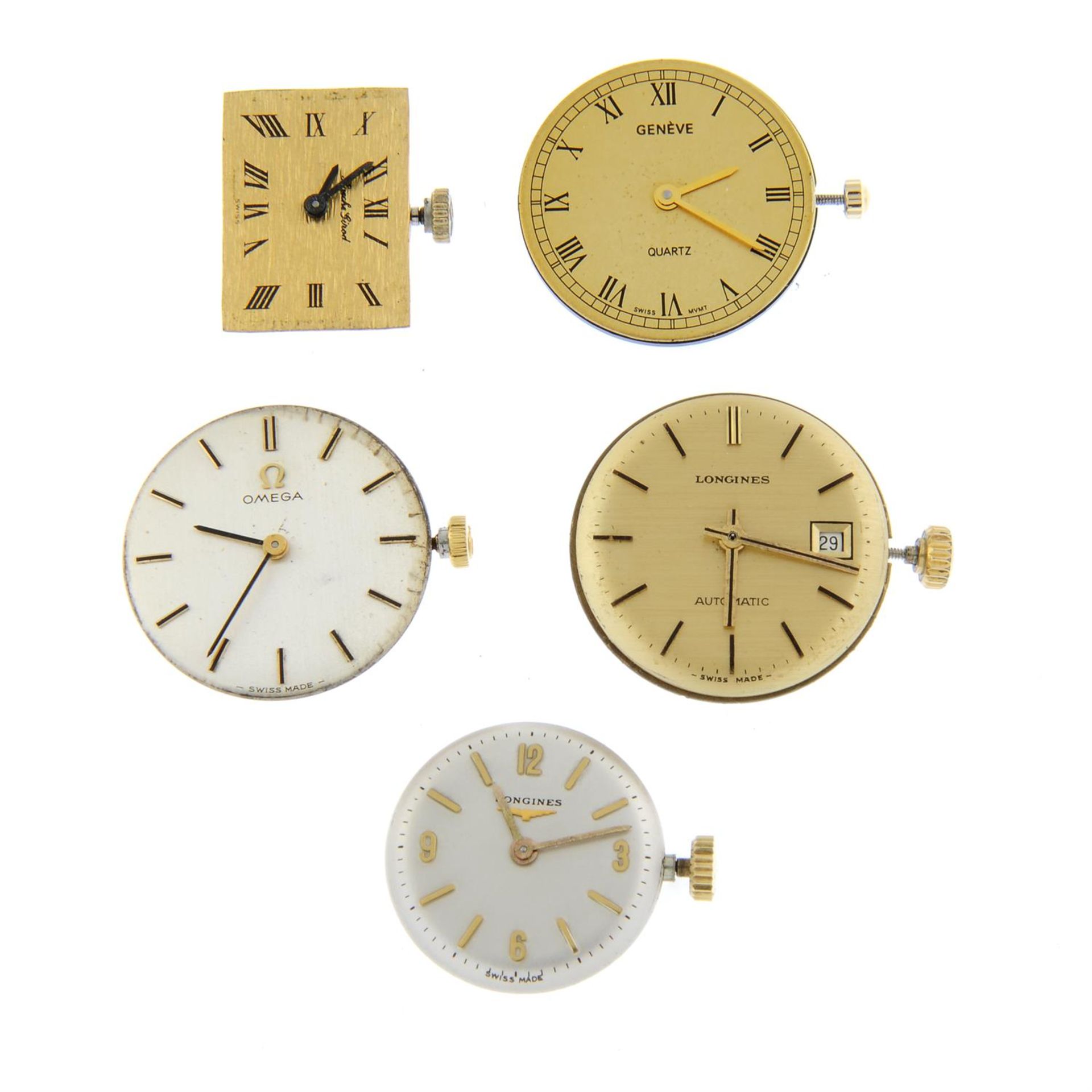 A group of five assorted watch movements and dials, to include an example by Longines and Omega