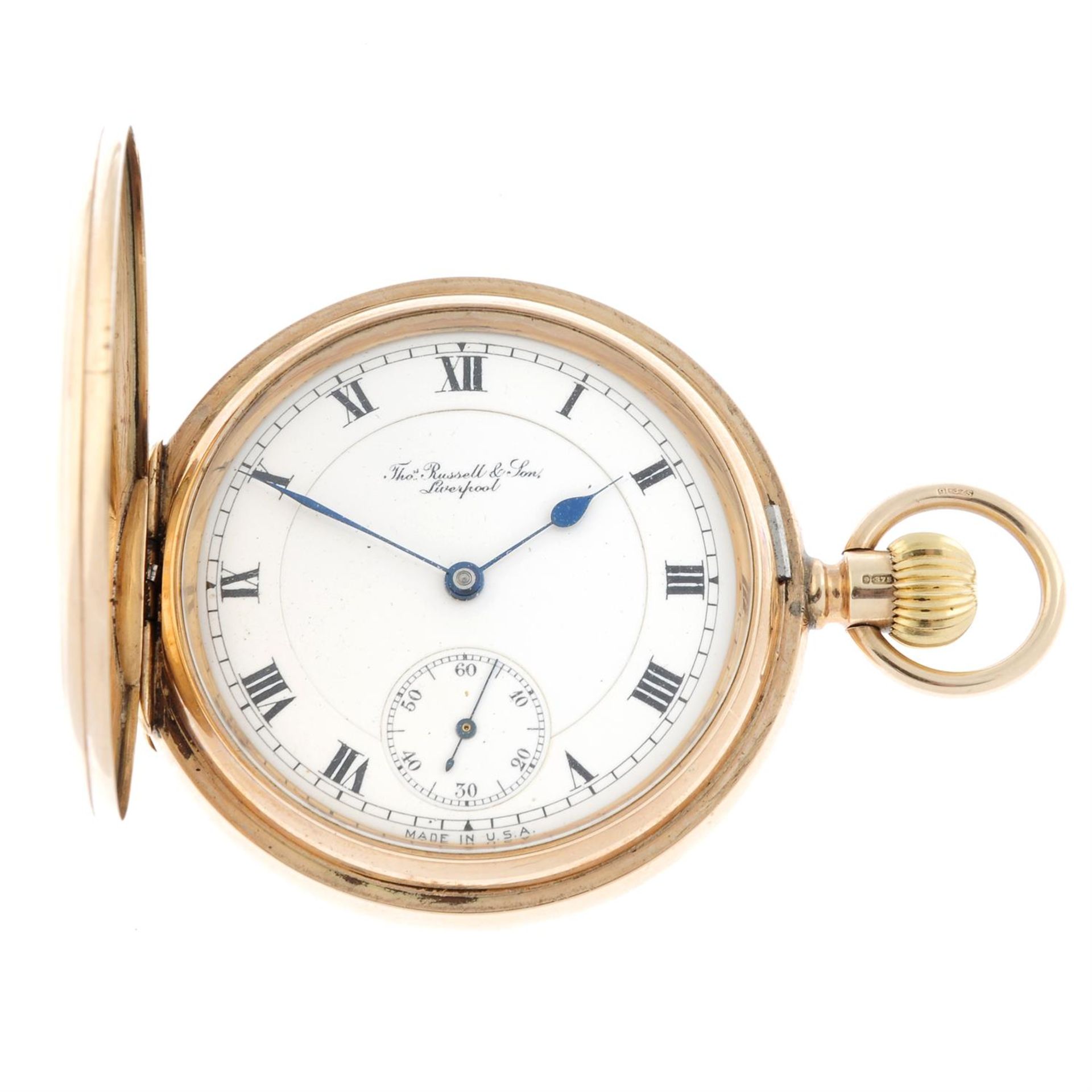 A 9ct yellow gold full hunter pocket watch by Waltham, 52mm.