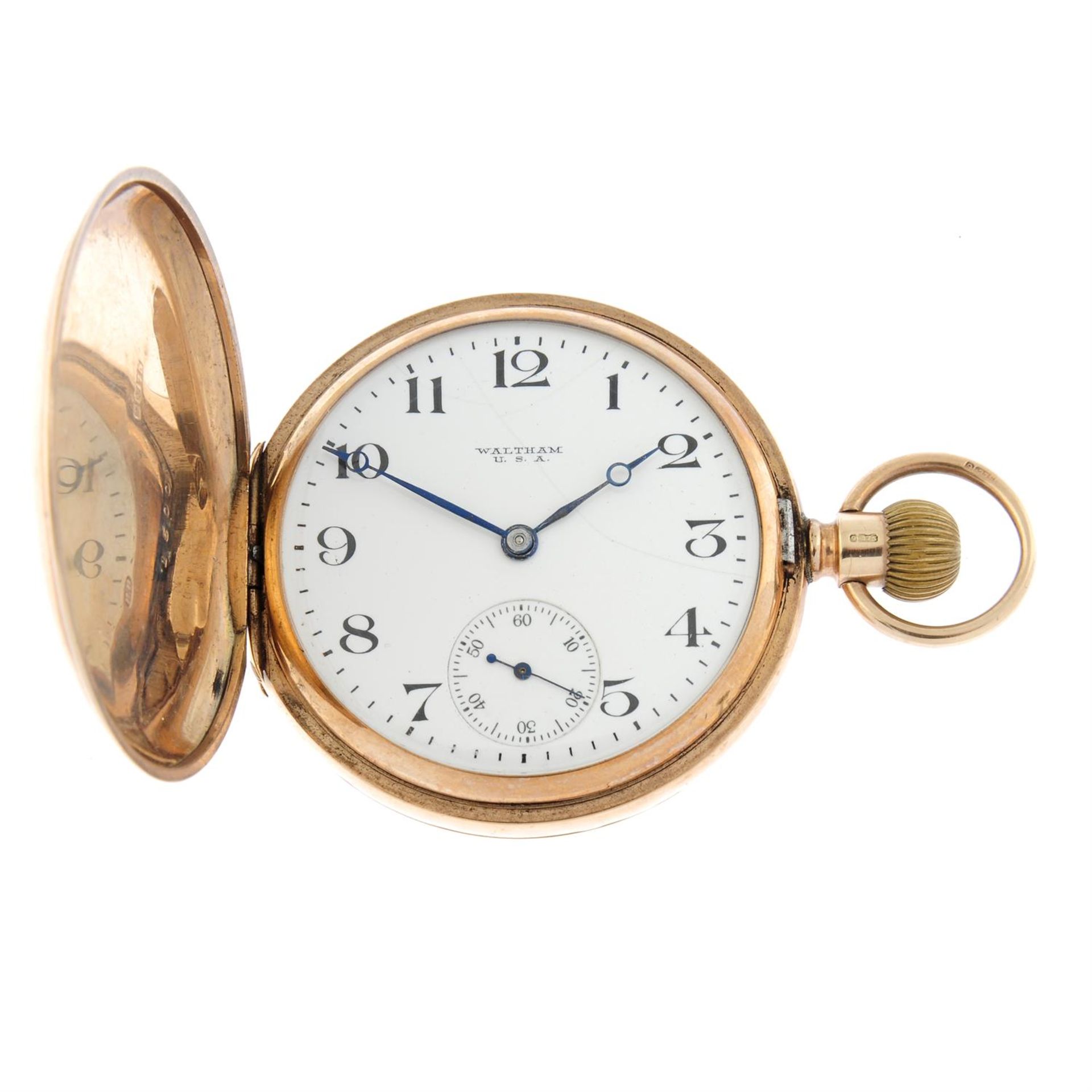 A 9ct yellow gold full hunter pocket watch by Waltham, 49mm.