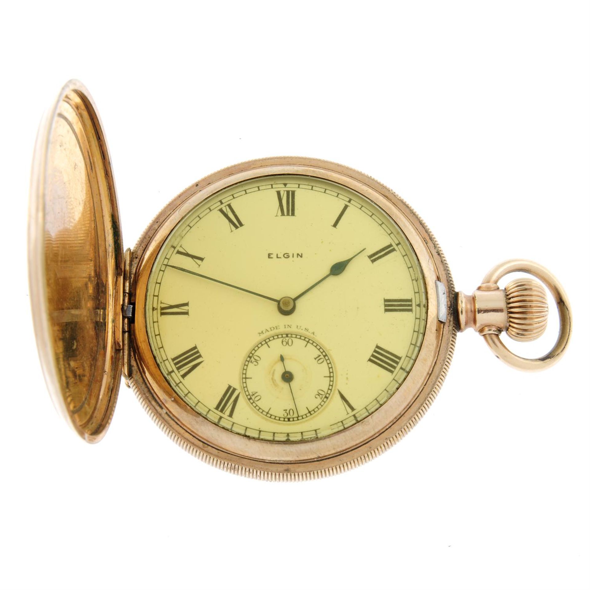 A gold plated full hunter pocket watch by Elgin, 50mm.