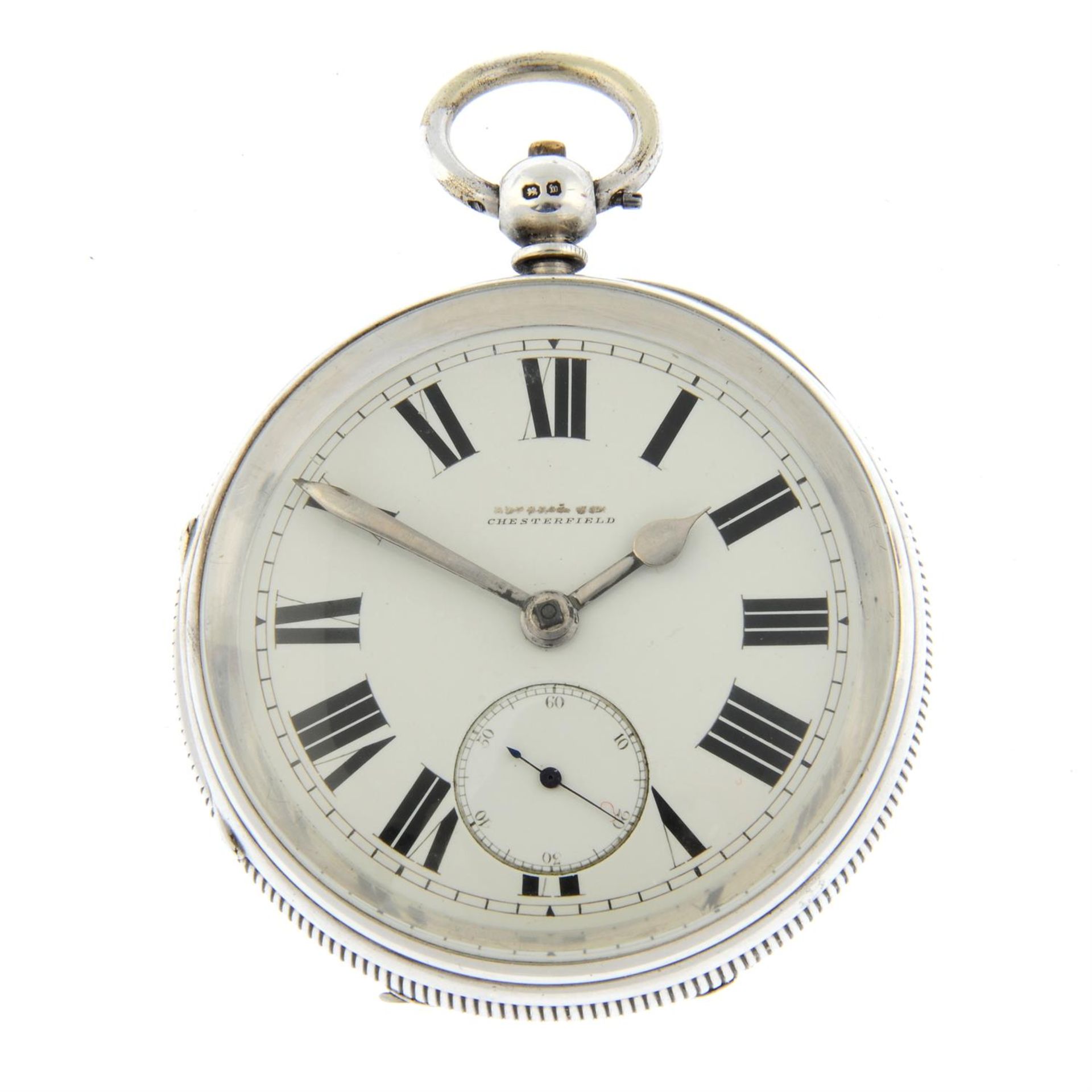 A silver open face pocket watch by T. Higgins, 60mm.