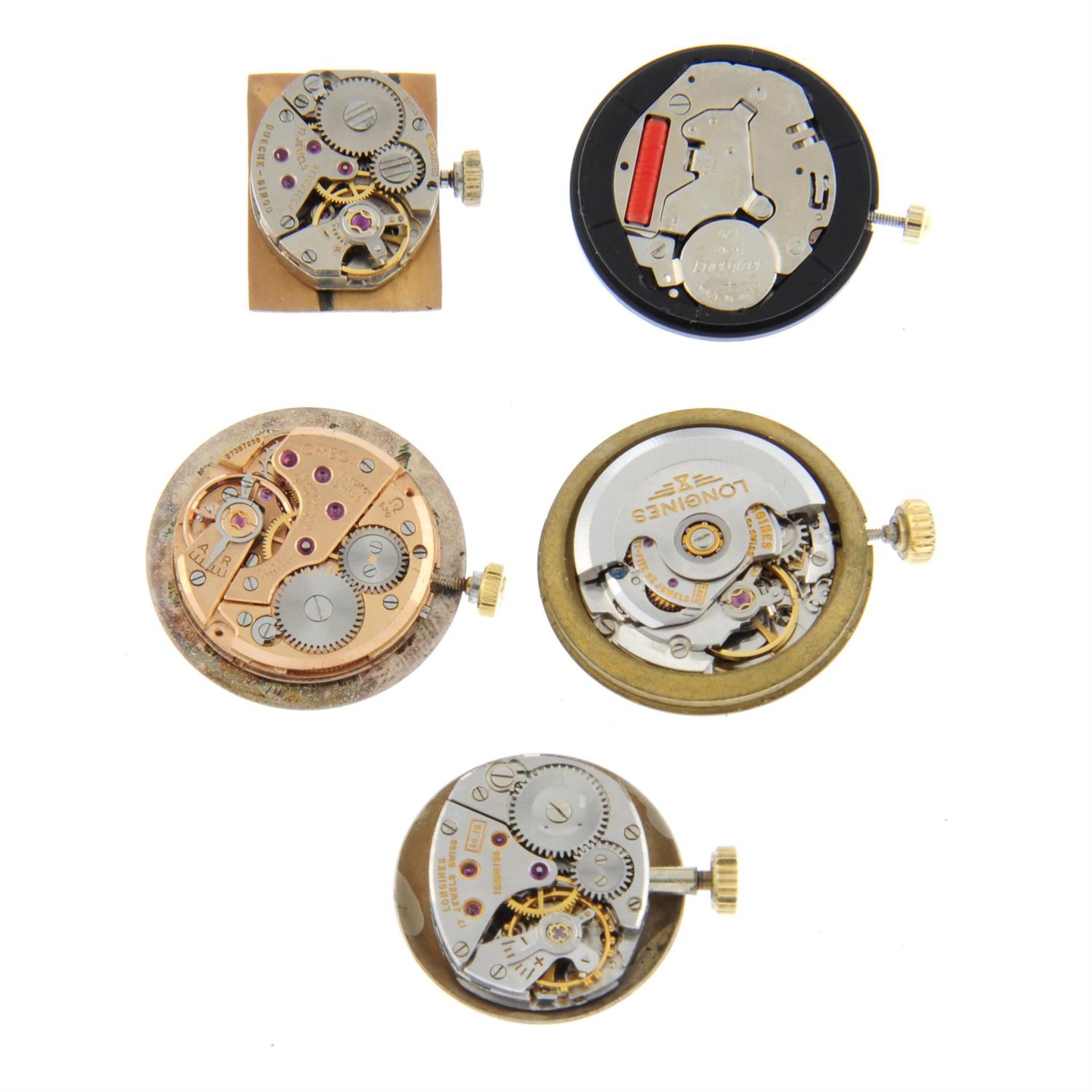 A group of five assorted watch movements and dials, to include an example by Longines and Omega - Image 2 of 2