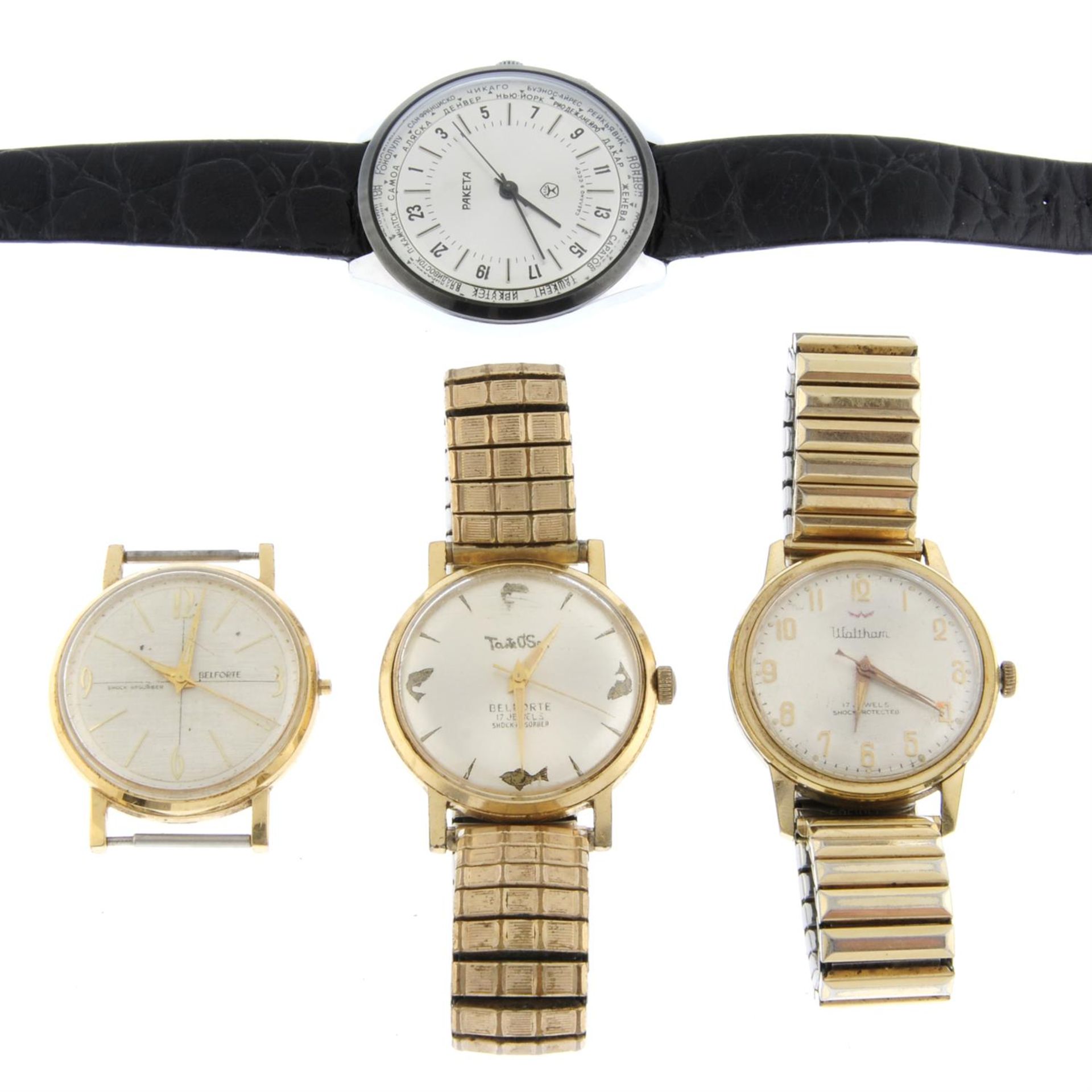 A group of four assorted watches, to include examples by Waltham and Belforte.