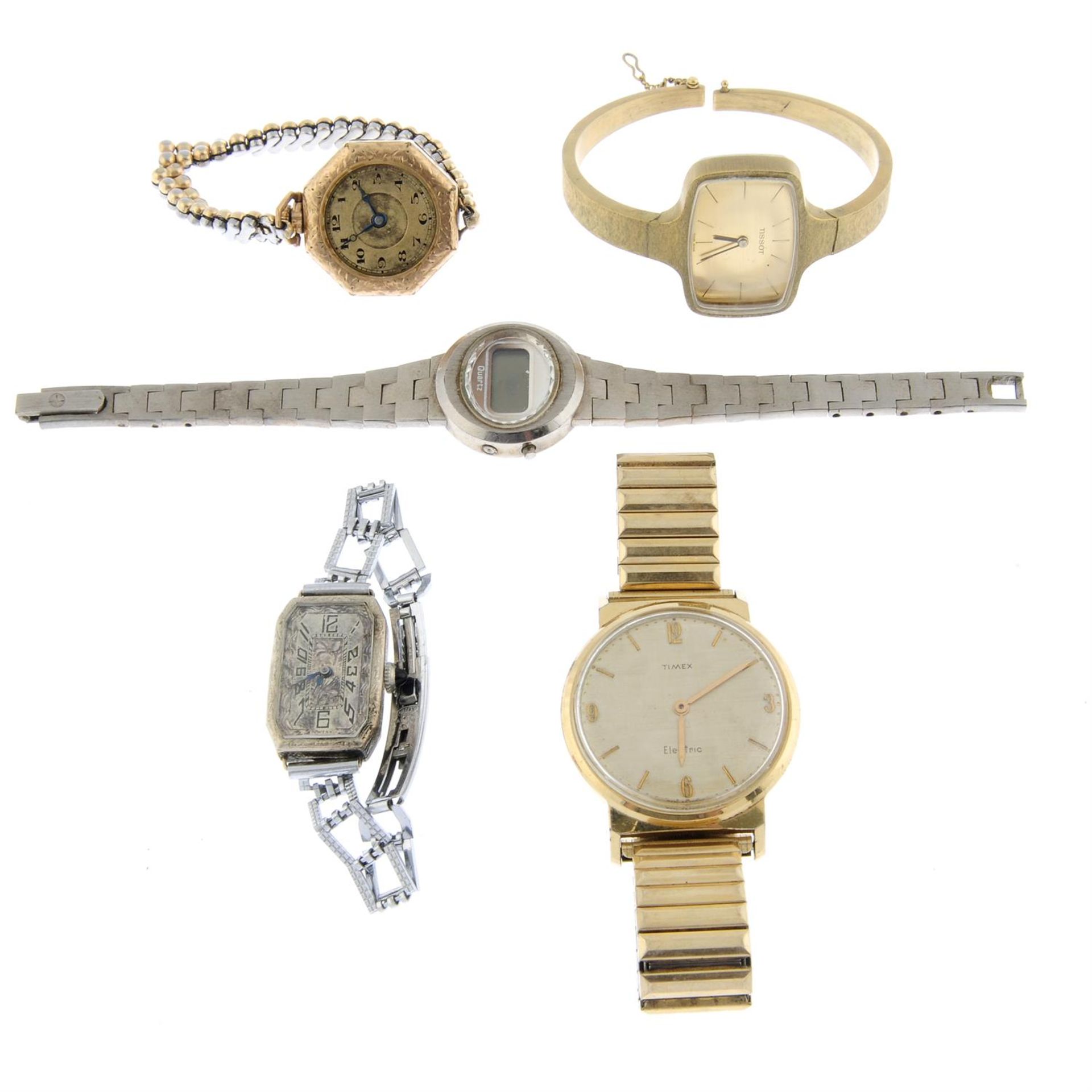 A group of five assorted watches, to include examples by Tissot and Timex.
