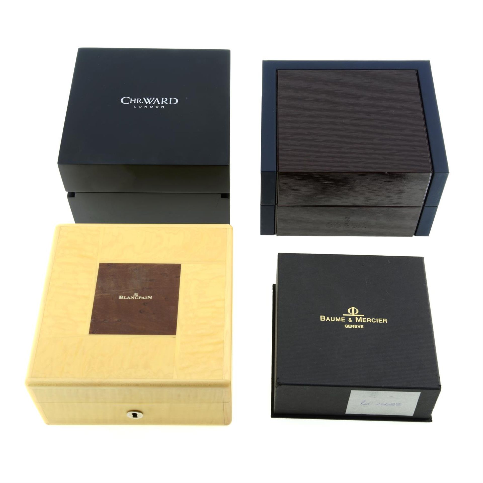 A group of four assorted watches boxes, to include examples by Corum & Blancpain with a Van Cleef &