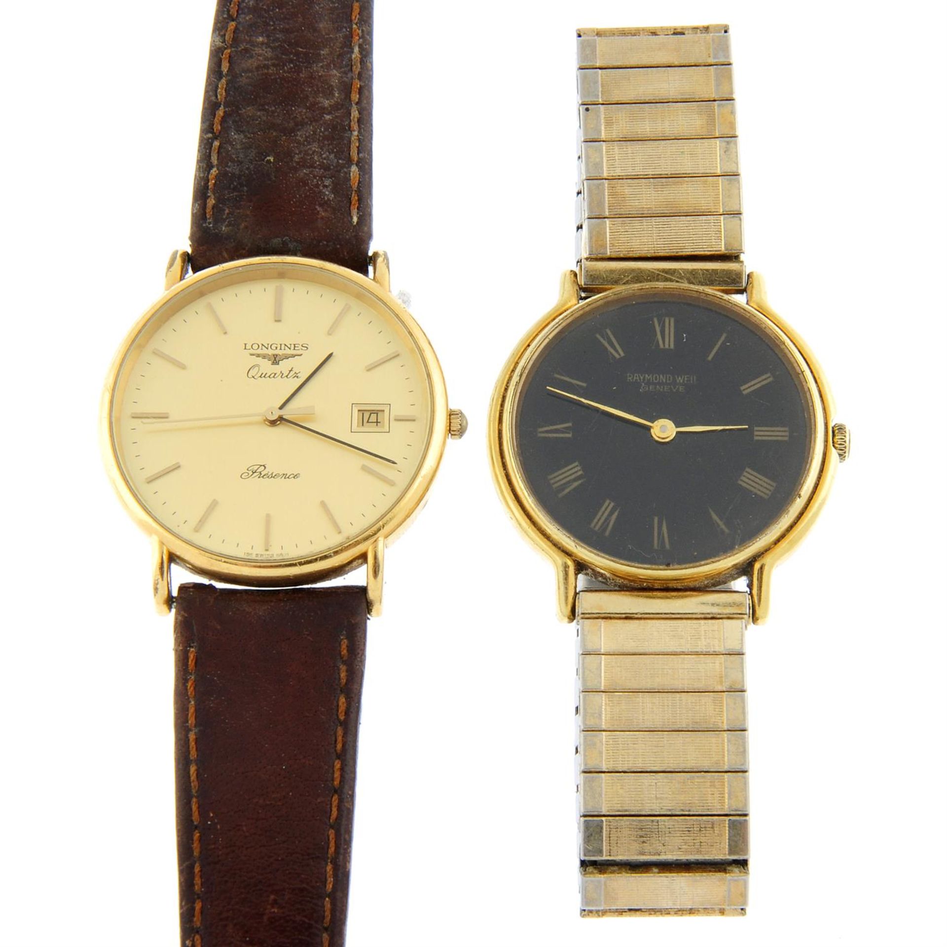 LONGINES - a gold plated Presence wrist watch (33mm) together with a Raymond Weil bracelet watch.