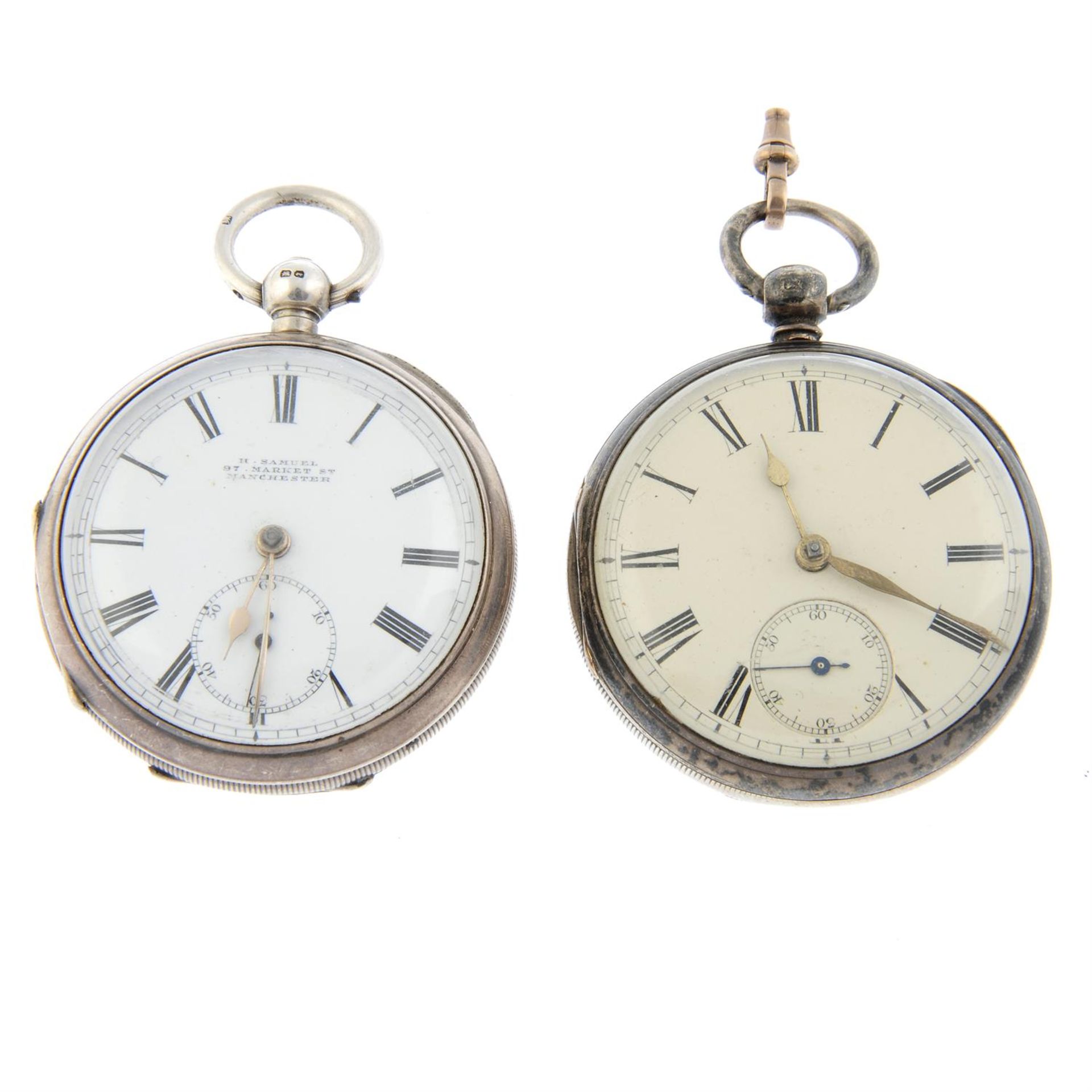 A silver open face pocket watch by H. Samuel (52mm) with a silver pocket watch.