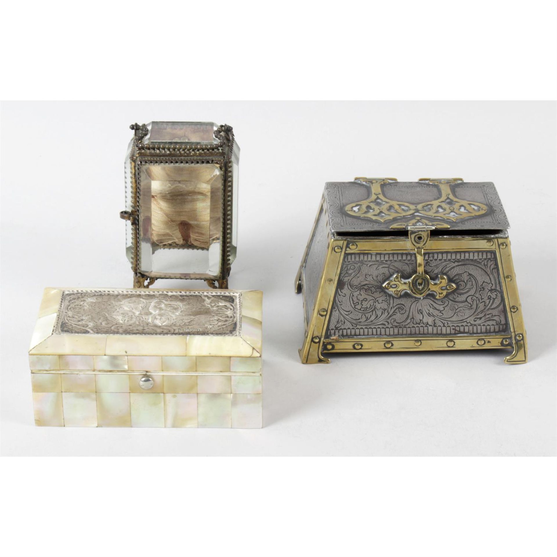 A mixed selection of assorted items, to include a small mother of pearl veneered casket,