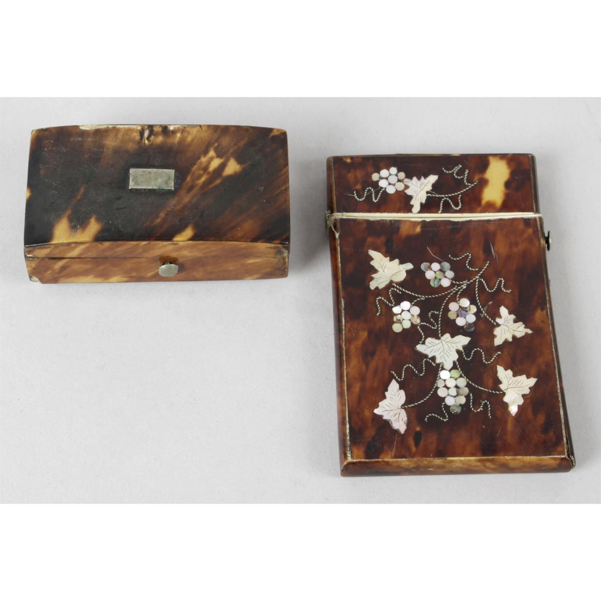 A 19th century tortoiseshell visiting card case, together with a similar trinket box, A/F.