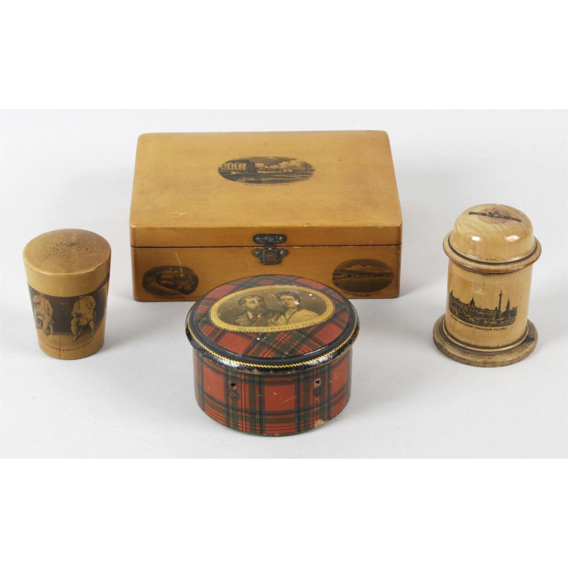 A small election of assorted wooden boxes, to include a Mauchline ware box, a similar moneybox, etc.