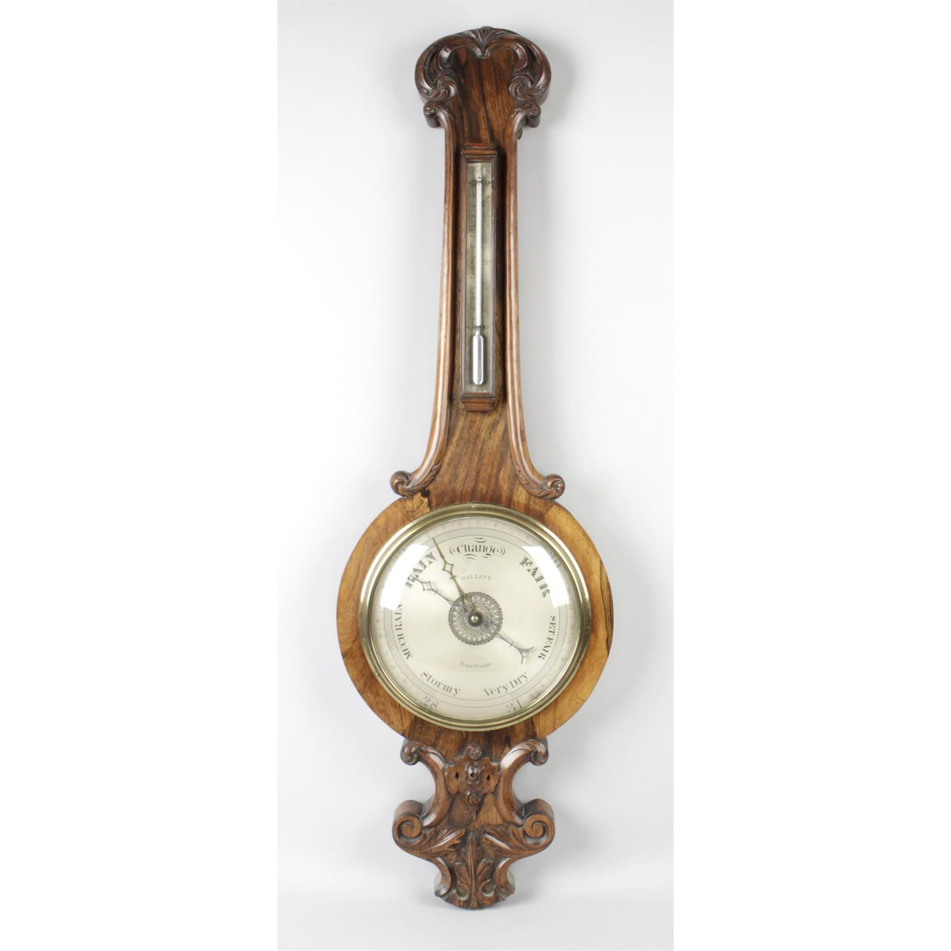 A late 19th rosewood veneered cased wall hanging banjo barometer.