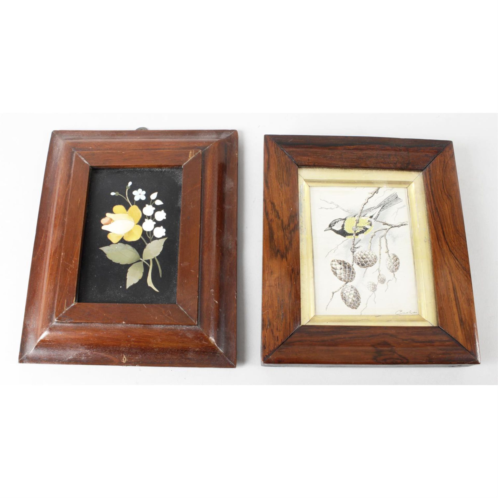 A Victorian pietra dura panel in frame, together with a modern cashes silk panel in frame.