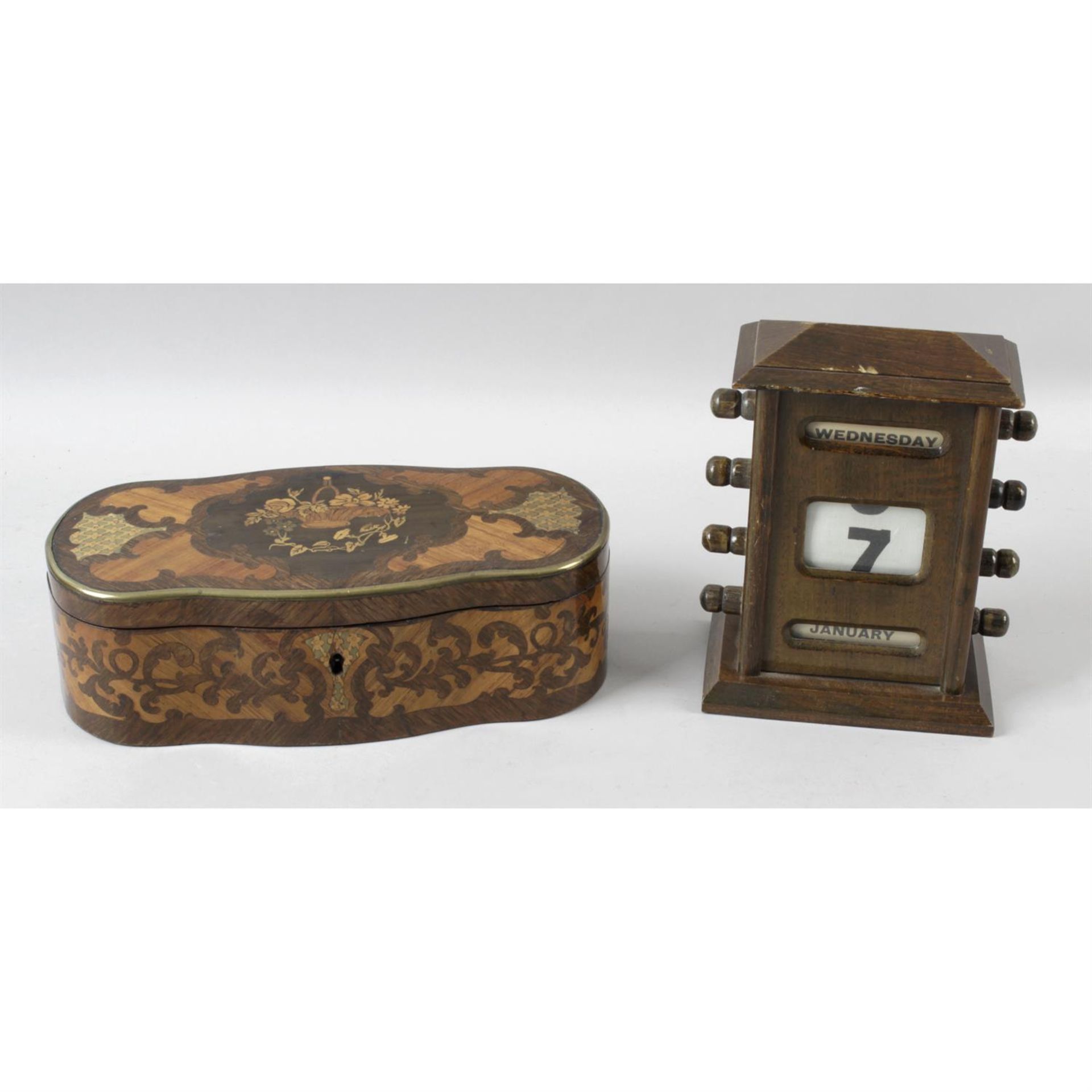 A rectangular stained wooden box, a early 20th century marquetry inlaid box and cover and a 1930's