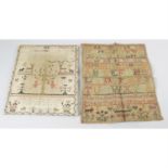 A late 18th century unframed, small sampler, together with a similar example. (2)