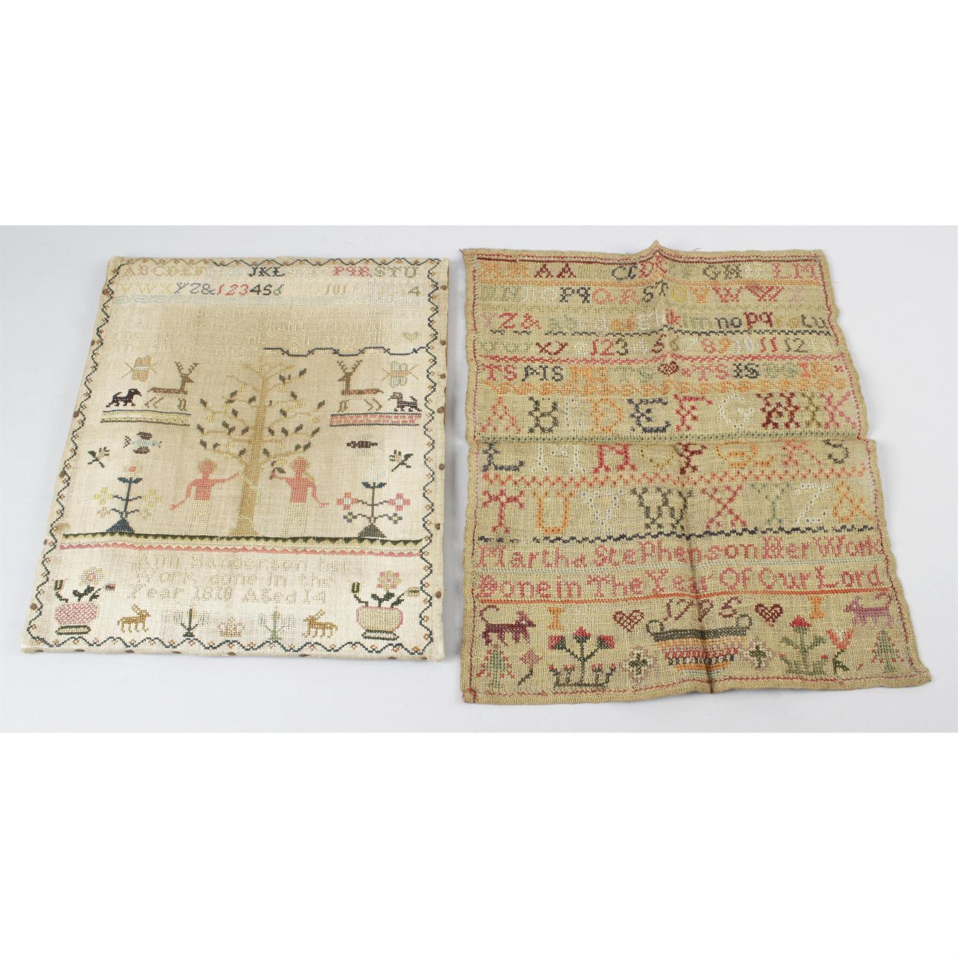 A late 18th century unframed, small sampler, together with a similar example. (2)