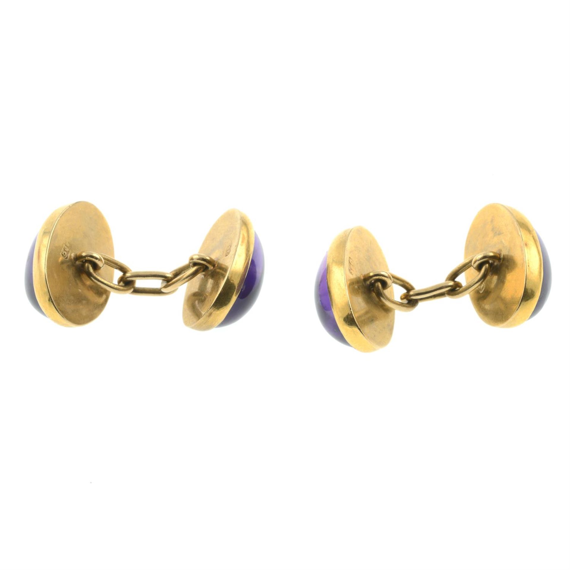 A pair of mid 20th century 9ct gold amethyst cabochon cufflinks. - Image 3 of 3