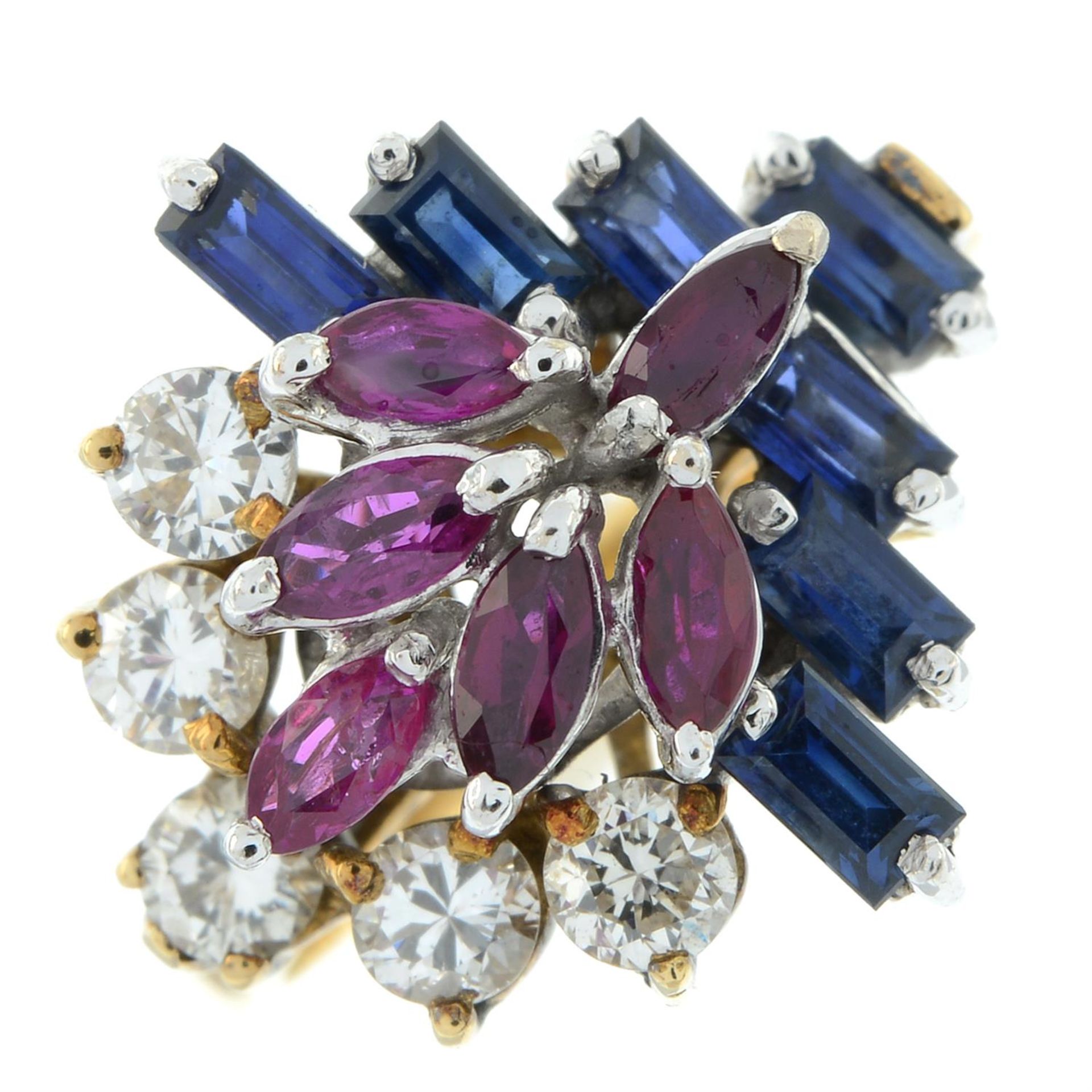 A mid 20th century 18ct gold sapphire, ruby and brilliant-cut diamond dress ring. - Image 2 of 5