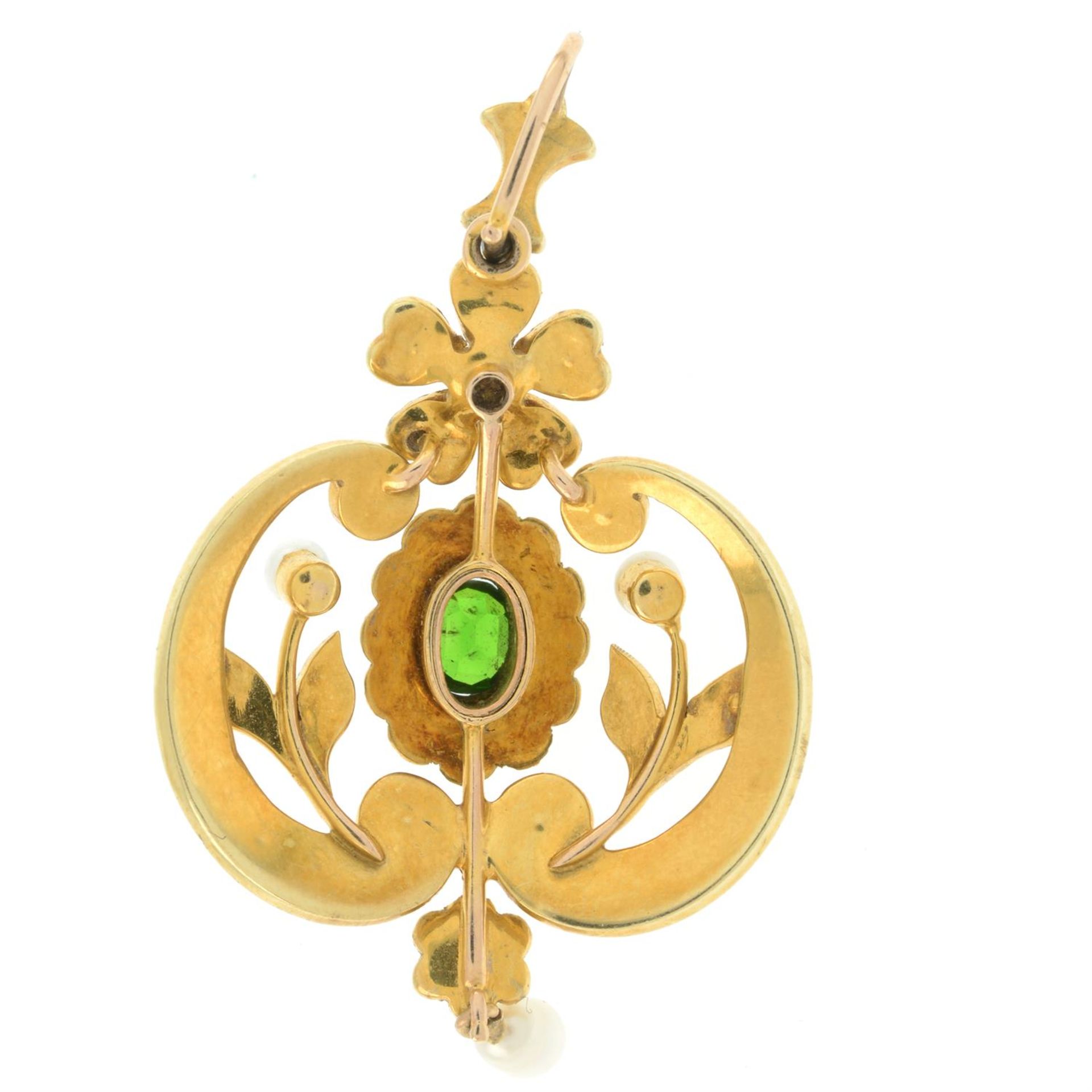 An early 20th century gold tsavorite garnet, seed and split pearl pendant. - Image 3 of 4