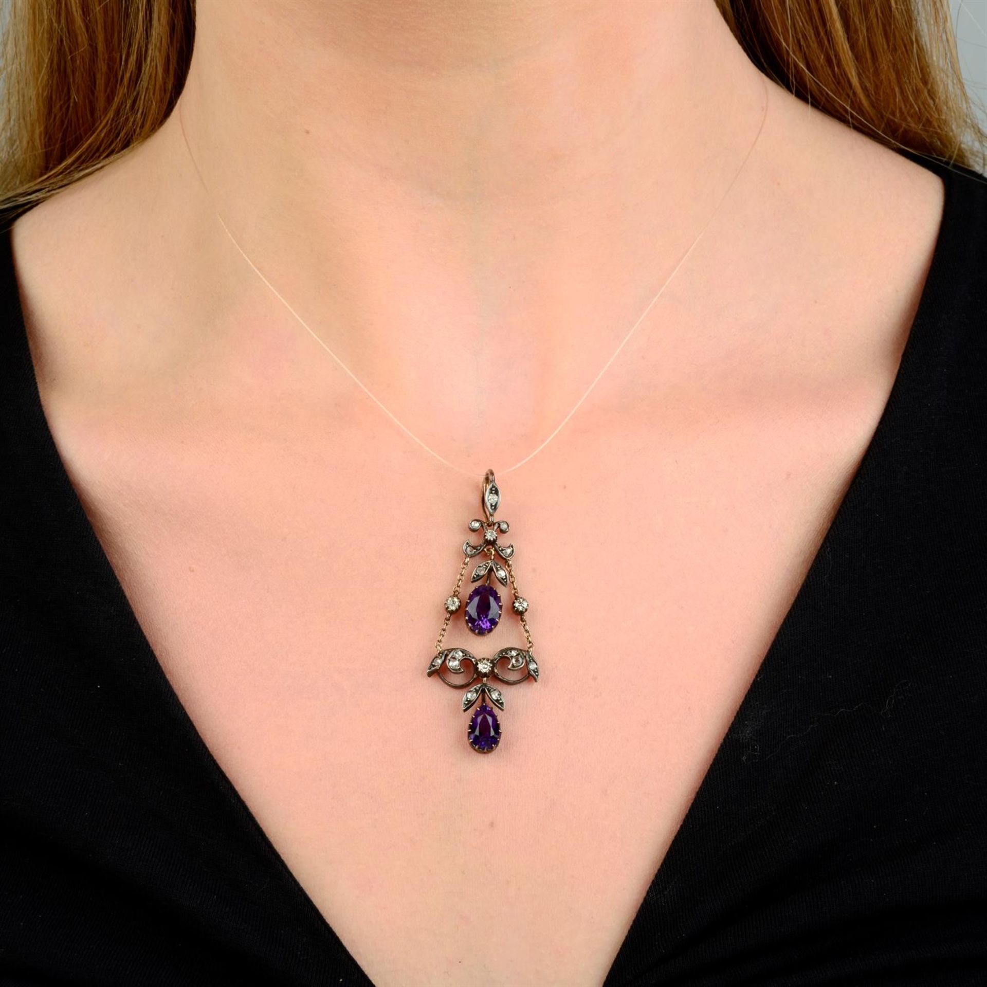 A late Victorian silver and gold, amethyst, old and rose-cut diamond lavalier pendant. - Image 4 of 4