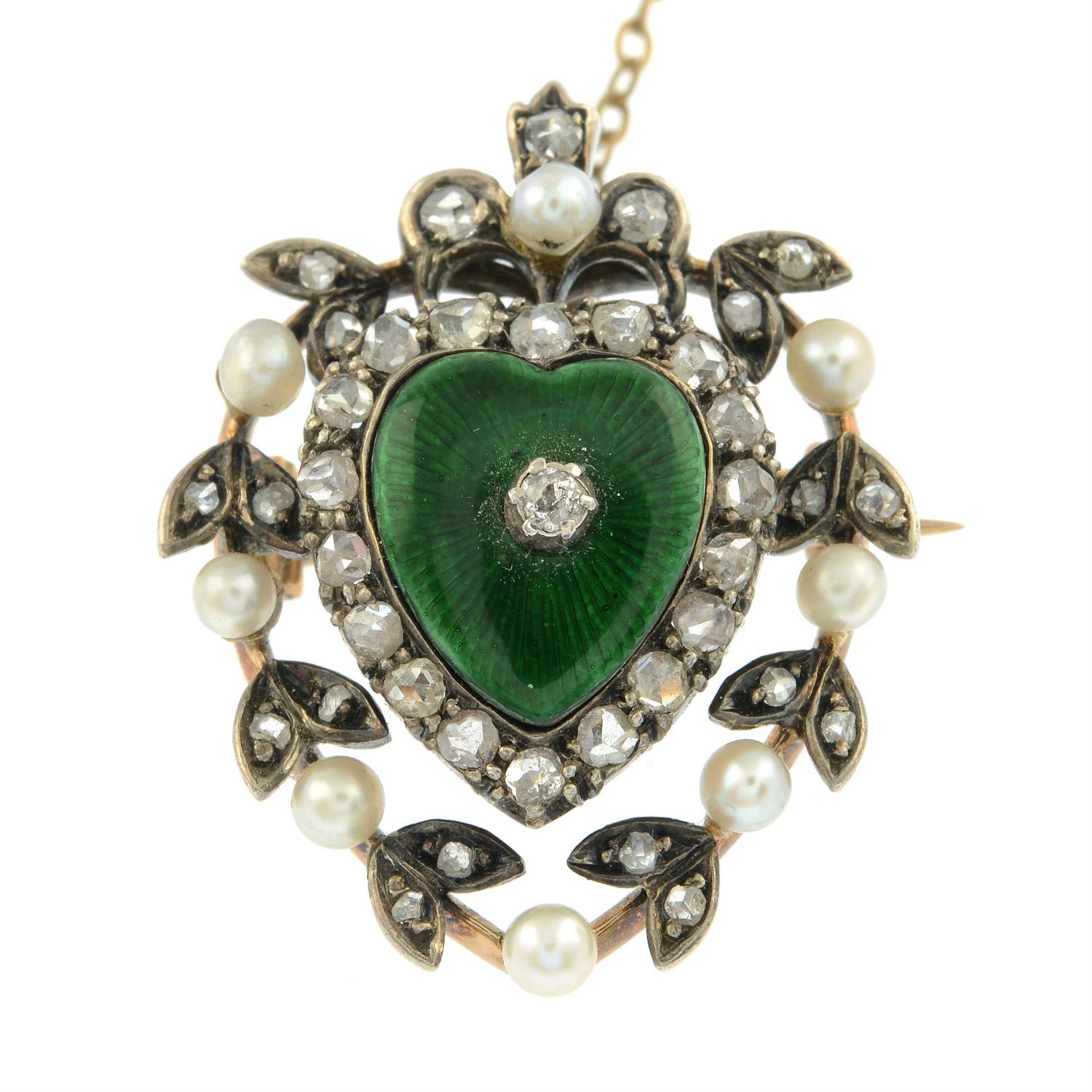 A late Victorian silver and gold, rose-cut diamond, seed pearl and green enamel heart - Image 2 of 4