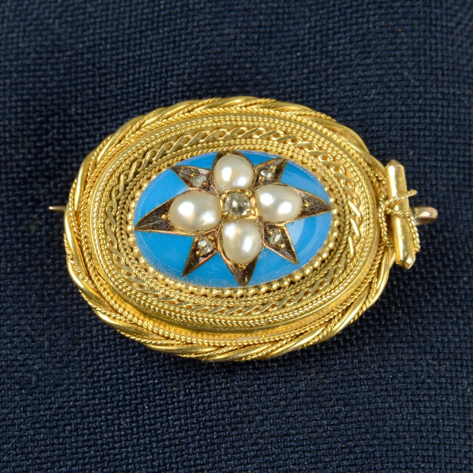 A mid Victorian gold rose and old-cut diamond, split pearl and blue enamel cannetille