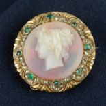 A mid Victorian gold sardonyx cameo brooch, depicting Hera in profile, with emerald and rose-cut