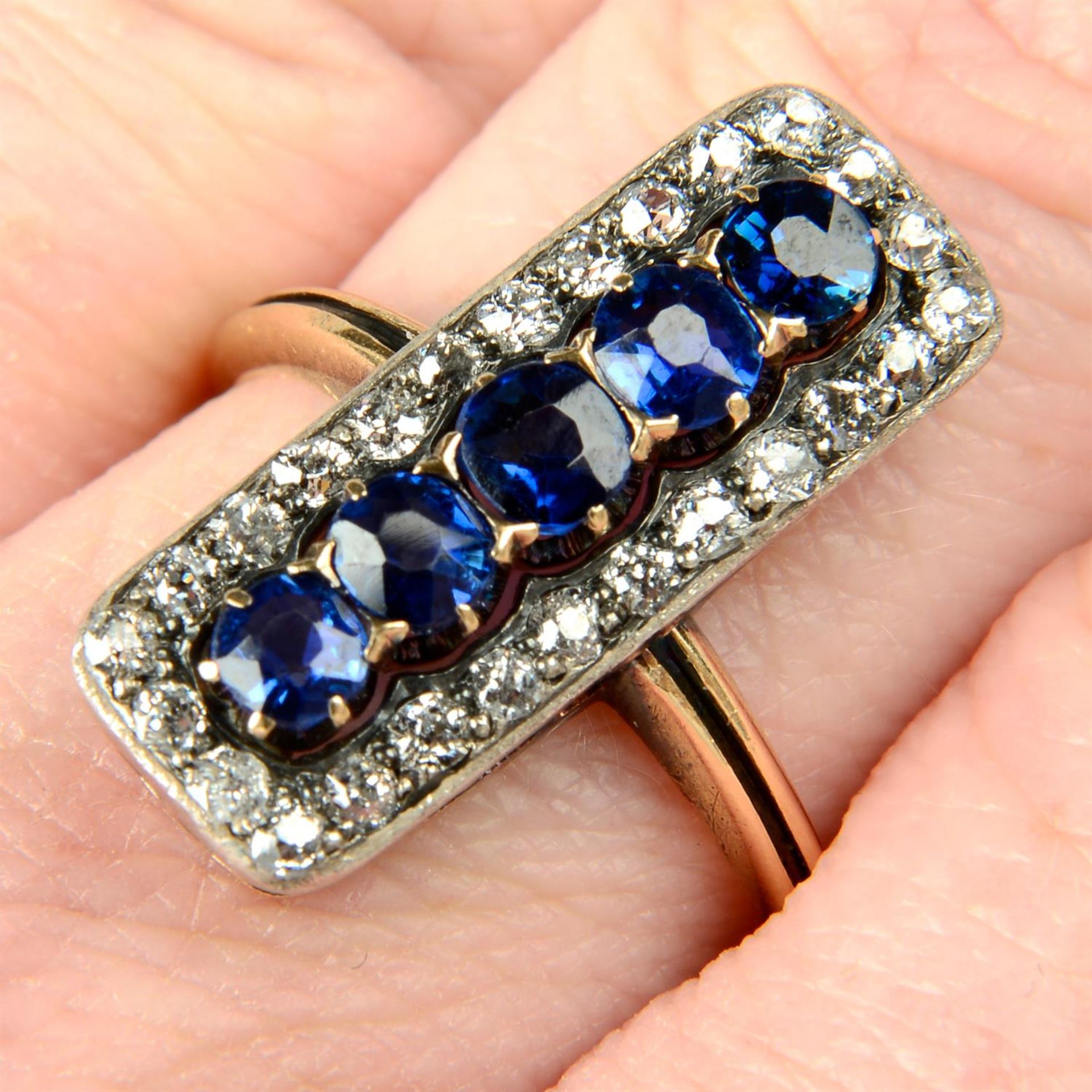 A late Victorian silver and gold sapphire and old-cut diamond ring.