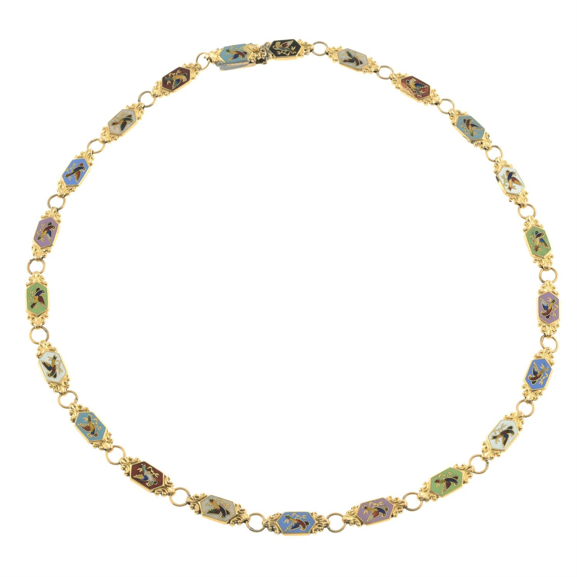 A mid 19th century gold and enamel bird motif necklace. - Image 2 of 4