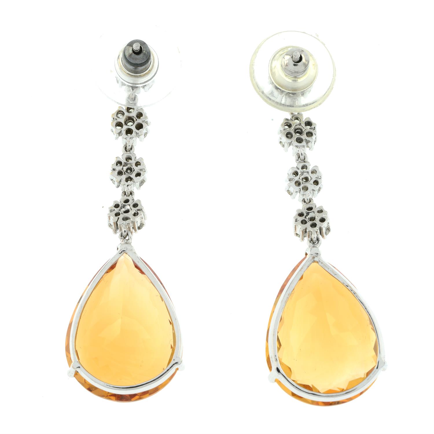 A pair of 18ct gold brilliant-cut diamond cluster line and citrine drop earrings. - Image 3 of 3