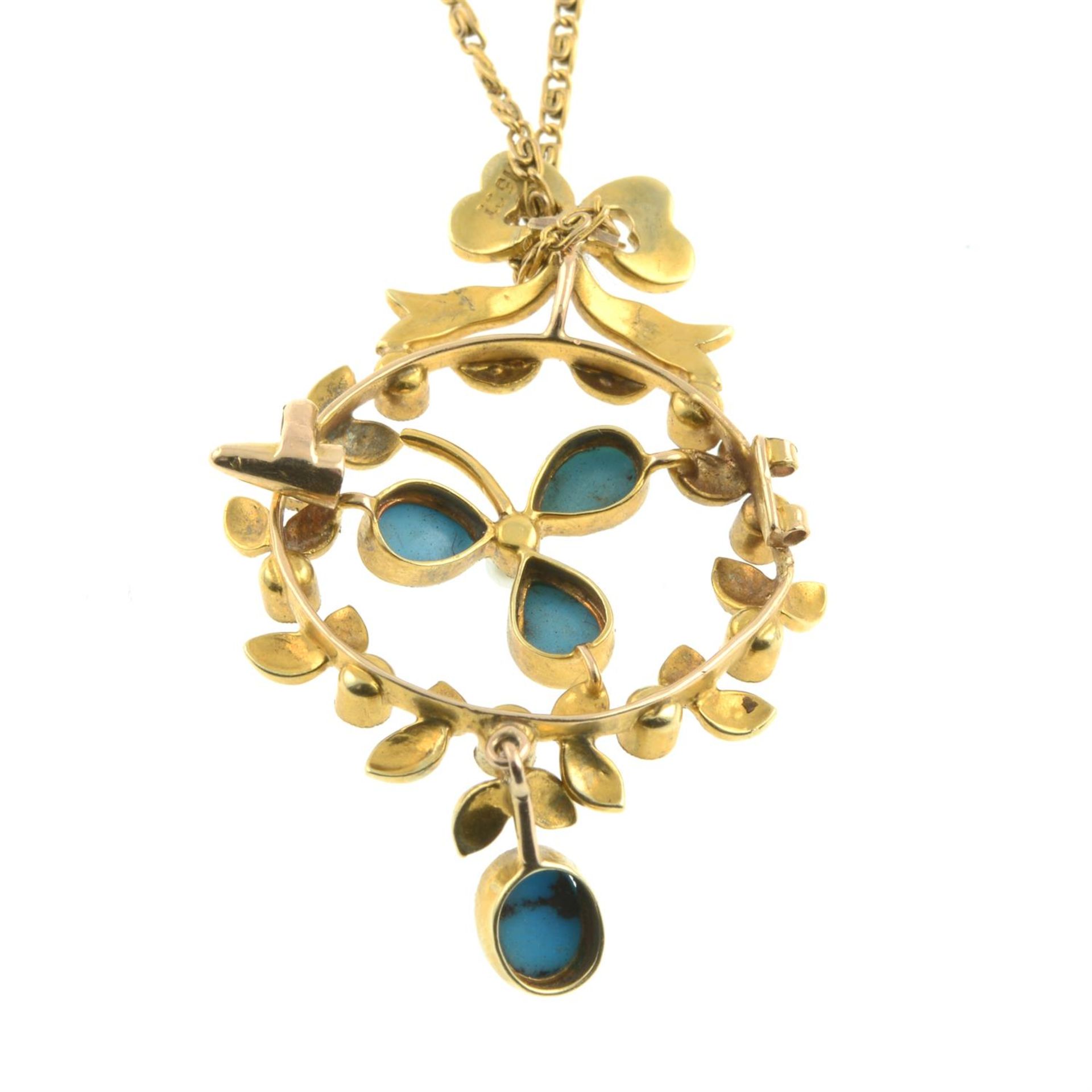 An early 20th century 15ct gold turquoise, split and seed pearl floral pendant, with 9ct gold - Image 3 of 5