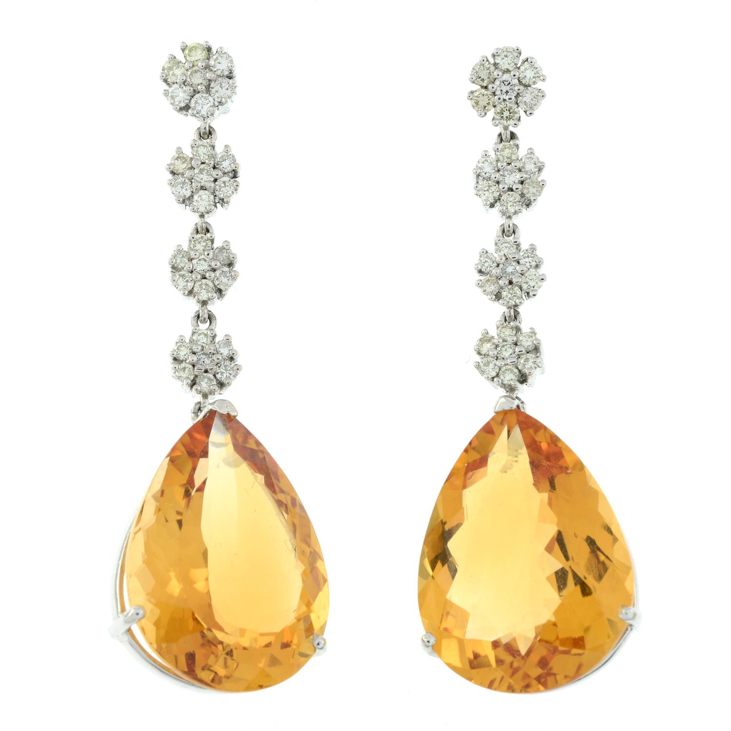 A pair of 18ct gold brilliant-cut diamond cluster line and citrine drop earrings. - Image 2 of 3