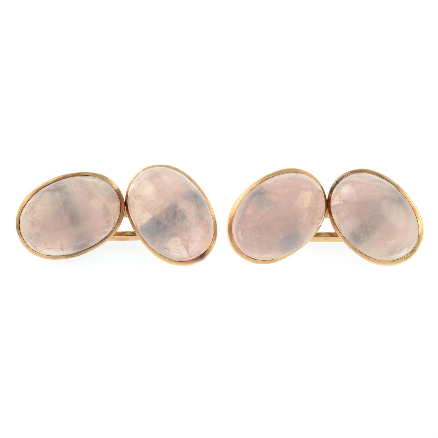 A pair of early to mid 20th century gold rose quartz cabochon cufflinks. - Image 2 of 3