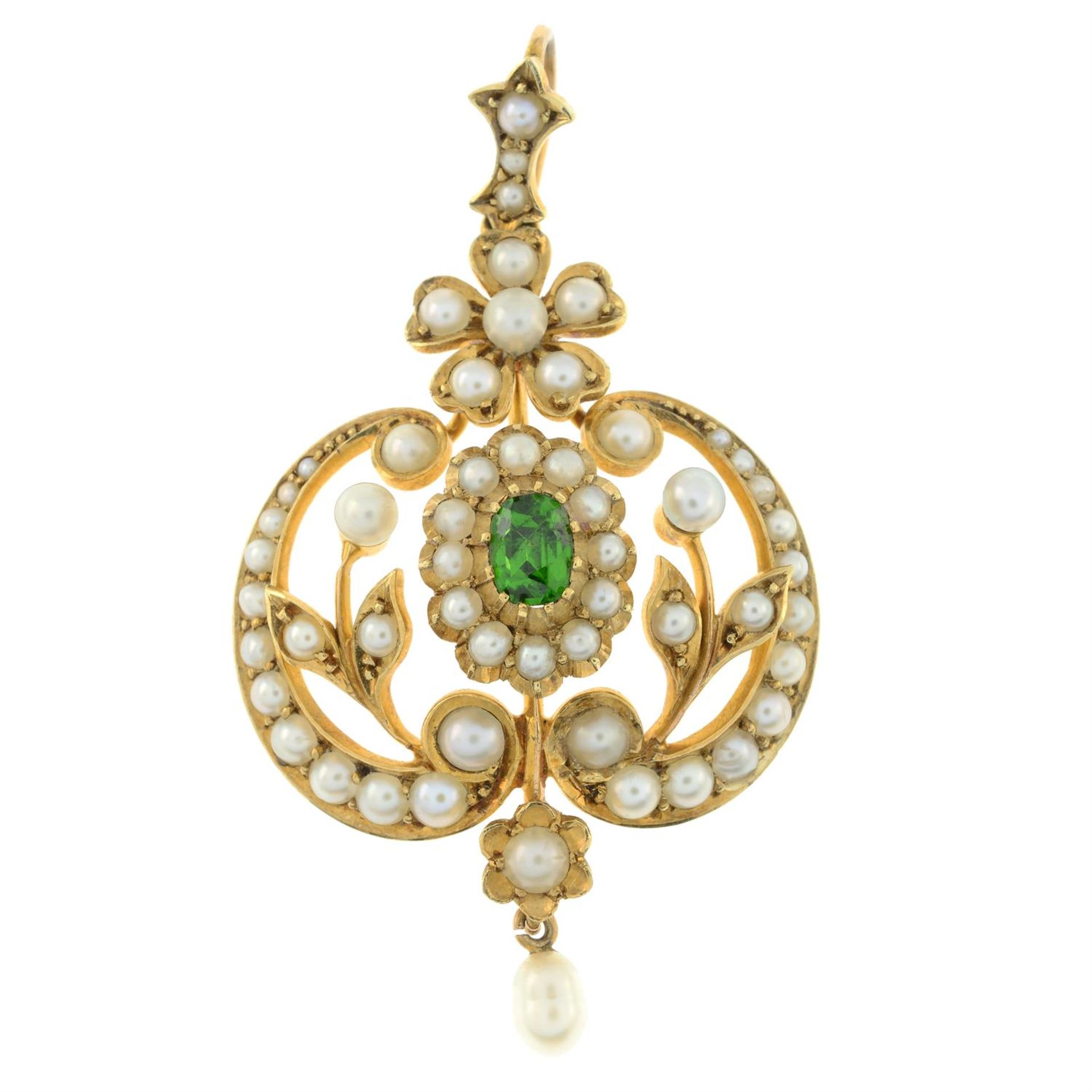 An early 20th century gold tsavorite garnet, seed and split pearl pendant. - Image 2 of 4