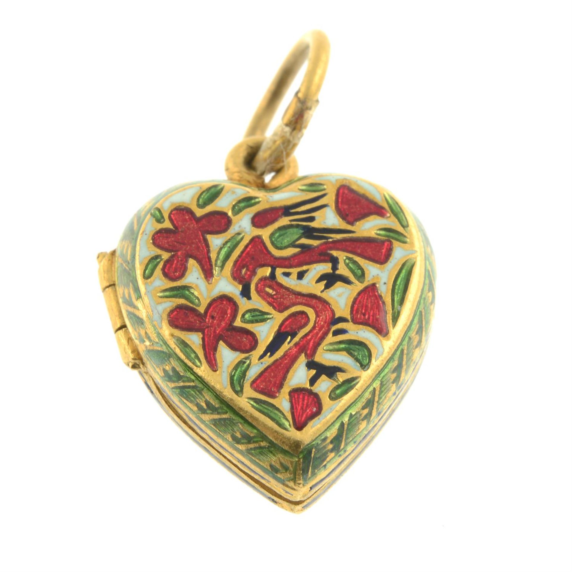 A floral and bird motif enamel heart locket. - Image 3 of 5