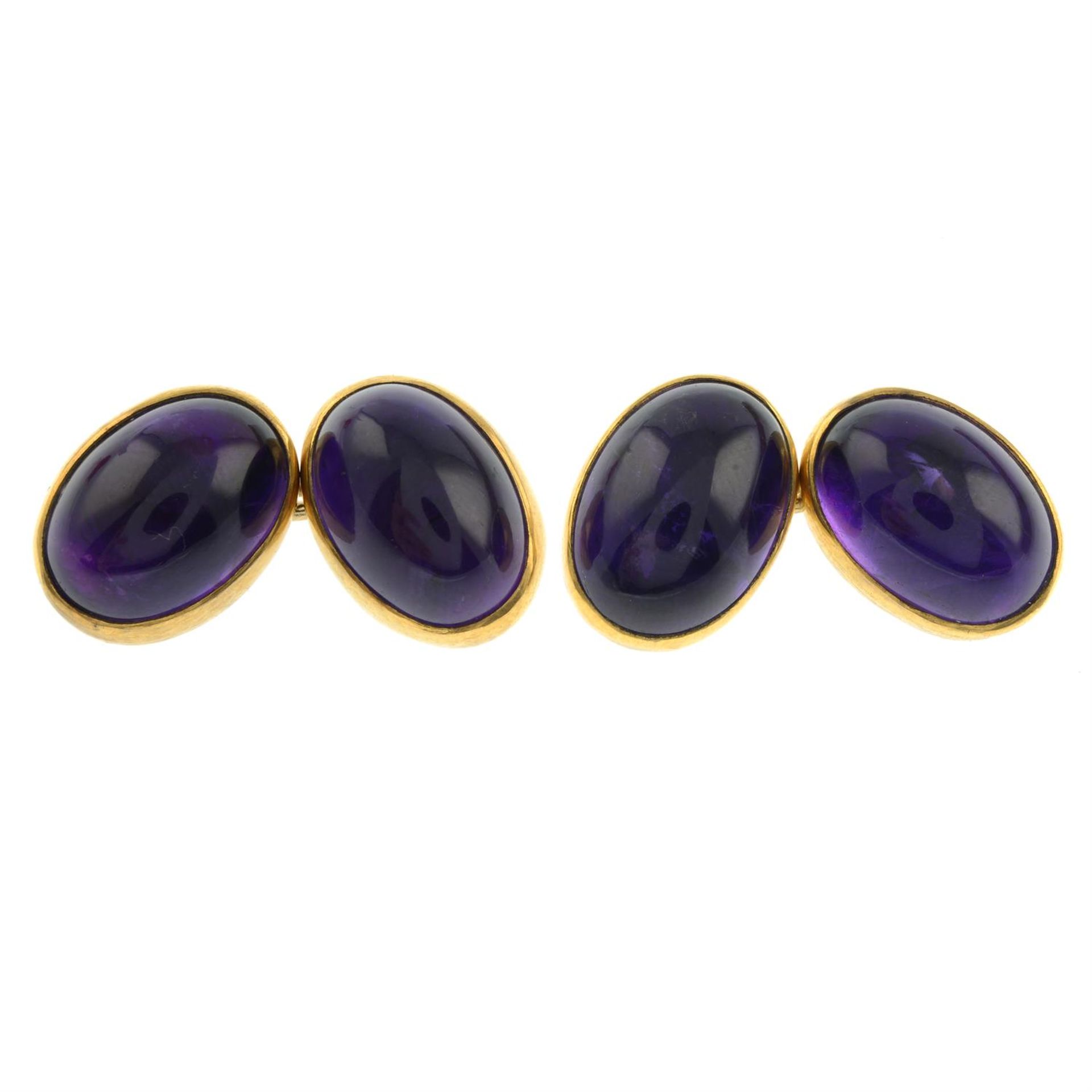 A pair of mid 20th century 9ct gold amethyst cabochon cufflinks. - Image 2 of 3