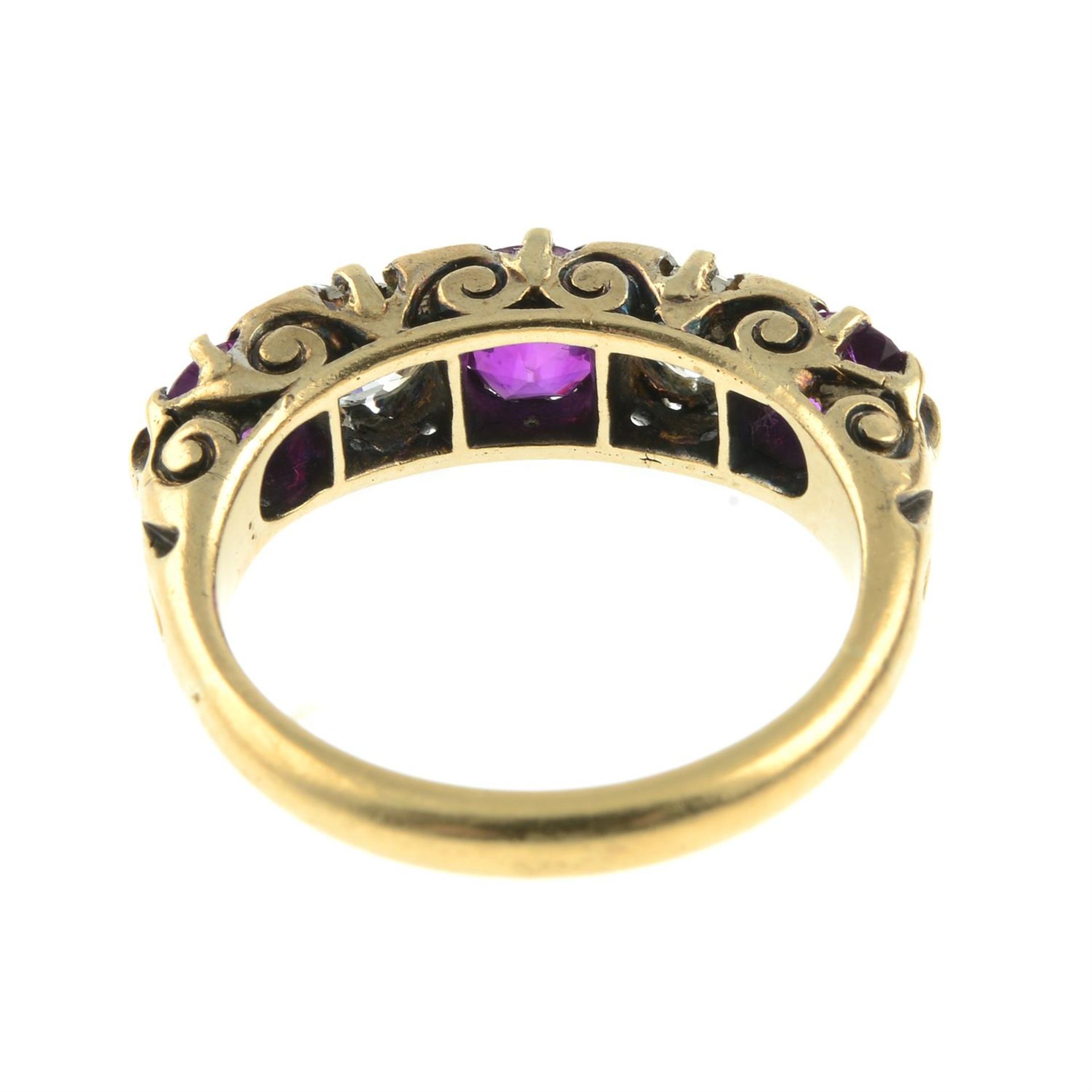 An early 20th century 18ct gold alternating ruby and old-cut diamond five-stone ring. - Image 4 of 5