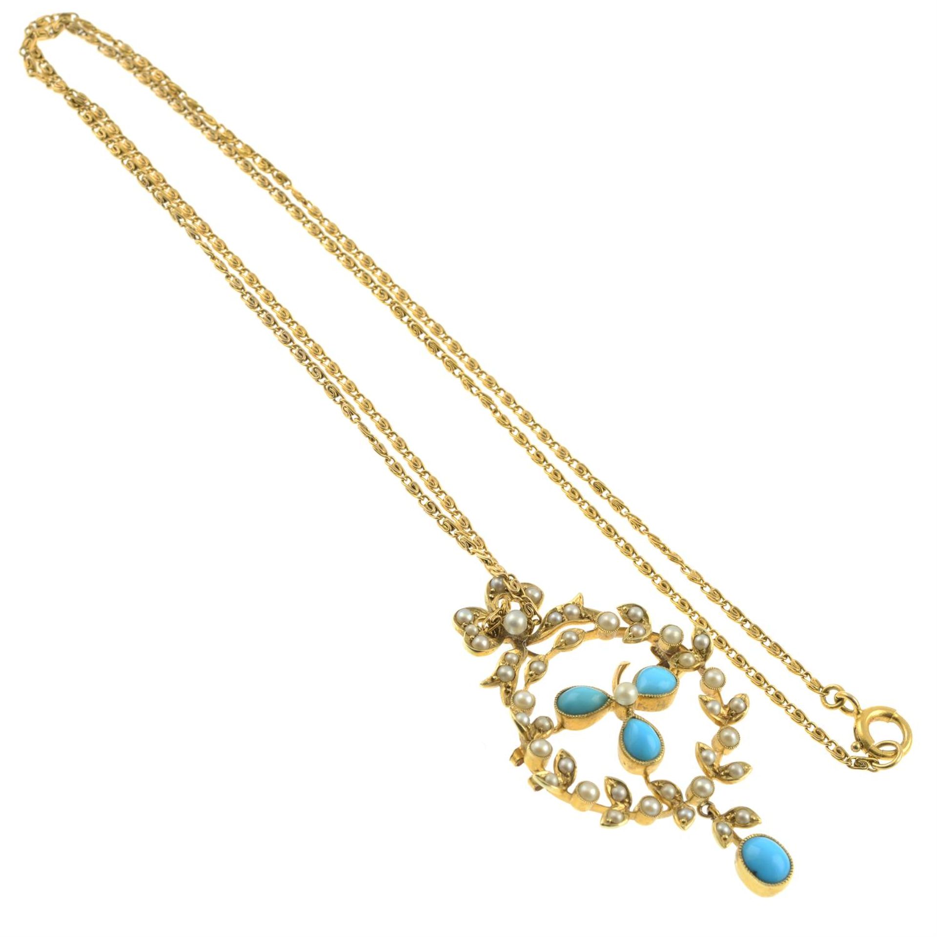 An early 20th century 15ct gold turquoise, split and seed pearl floral pendant, with 9ct gold - Image 4 of 5