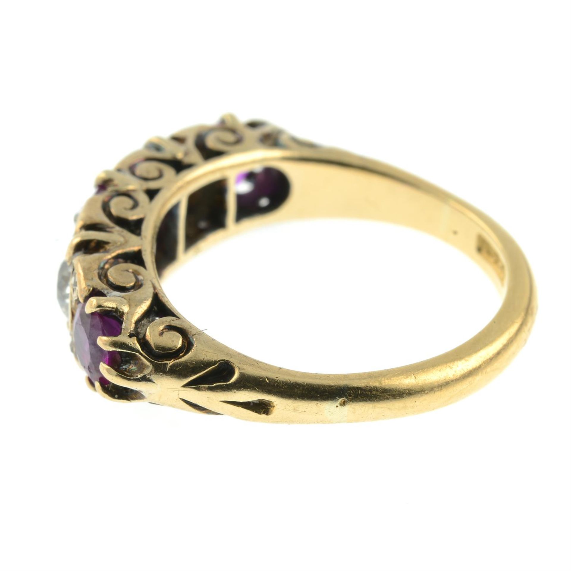 An early 20th century 18ct gold alternating ruby and old-cut diamond five-stone ring. - Image 3 of 5