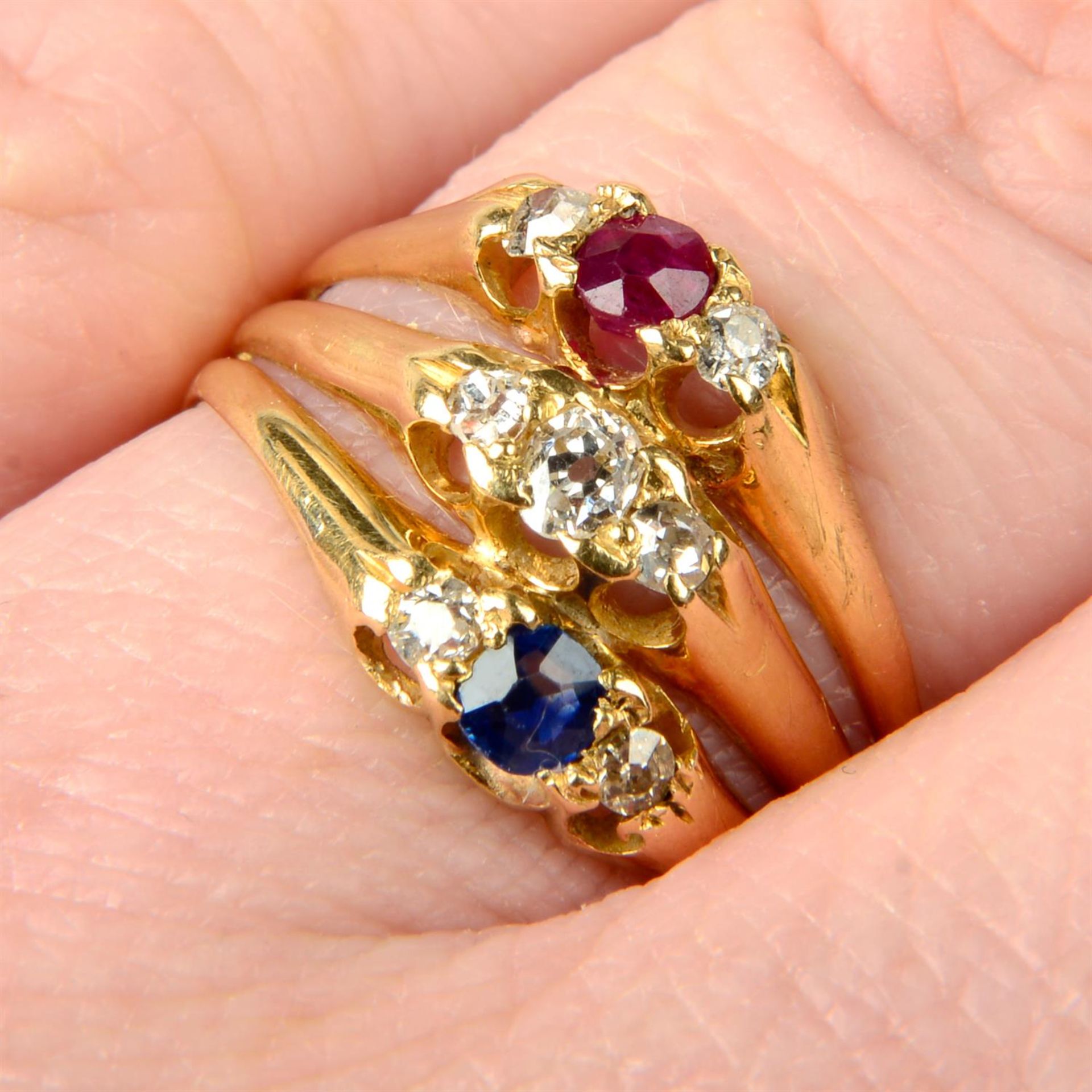 An early 20th century 18ct gold ruby, diamond and sapphire patriotic ring.