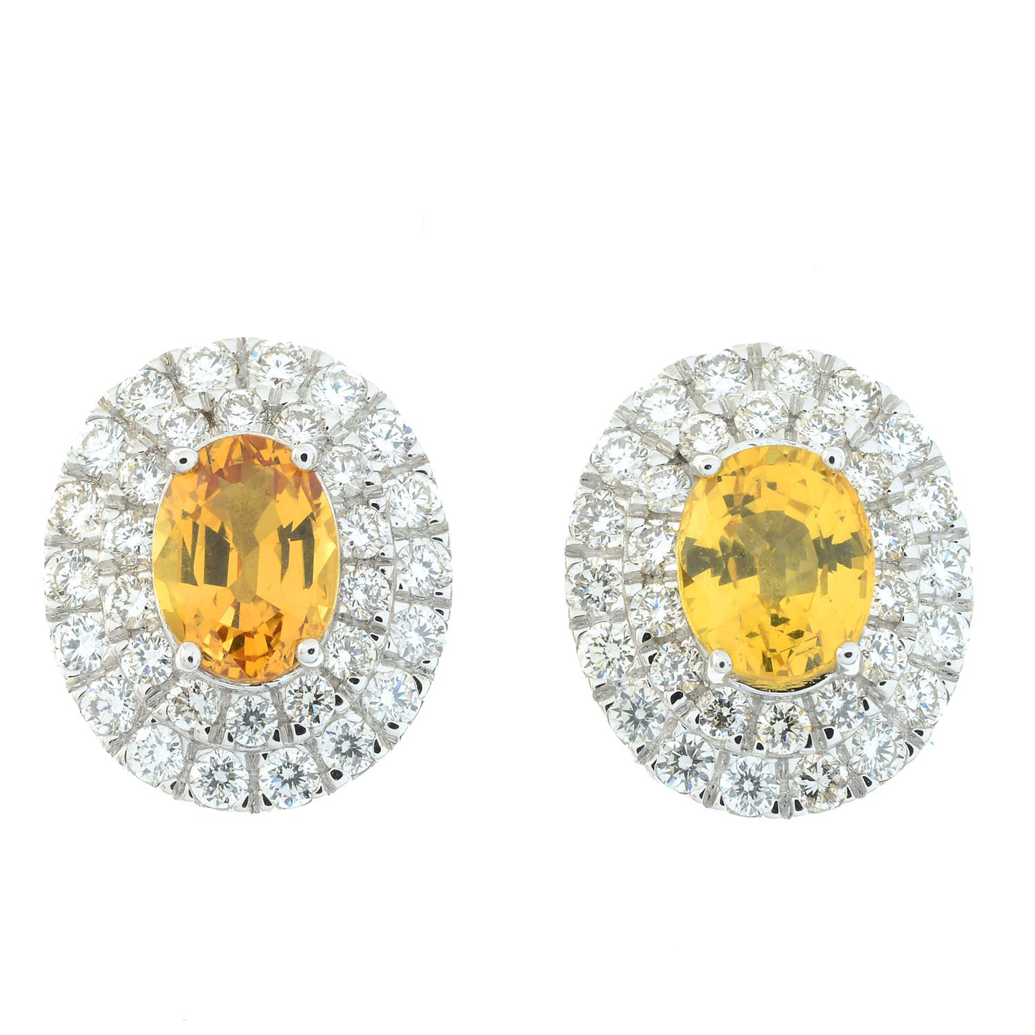 A pair of yellow sapphire and pave-set brilliant-cut diamond cluster earrings. - Image 2 of 4