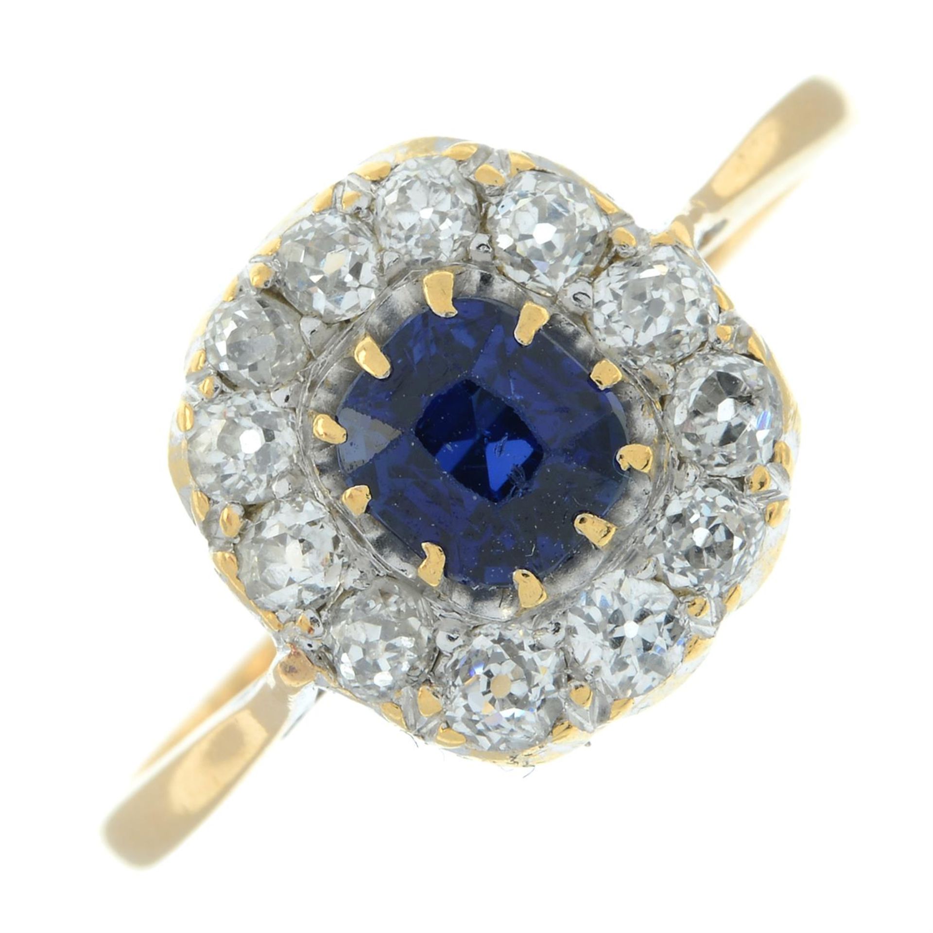 An early to mid 20th century 18ct gold sapphire and old-cut diamond cluster ring. - Image 2 of 5