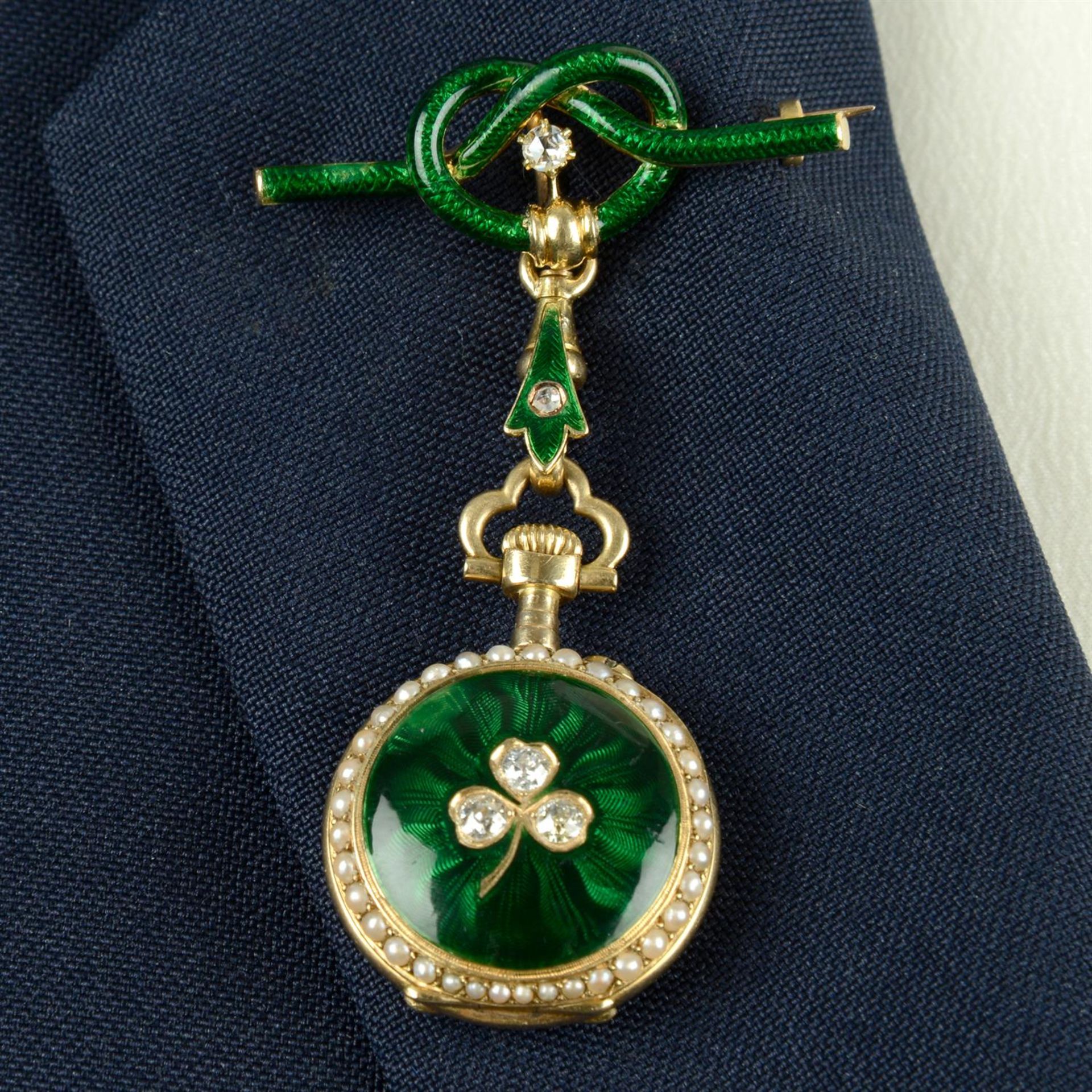 A late Victorian gold rose and old-cut diamond, split pearl and green enamel shamrock fob watch,