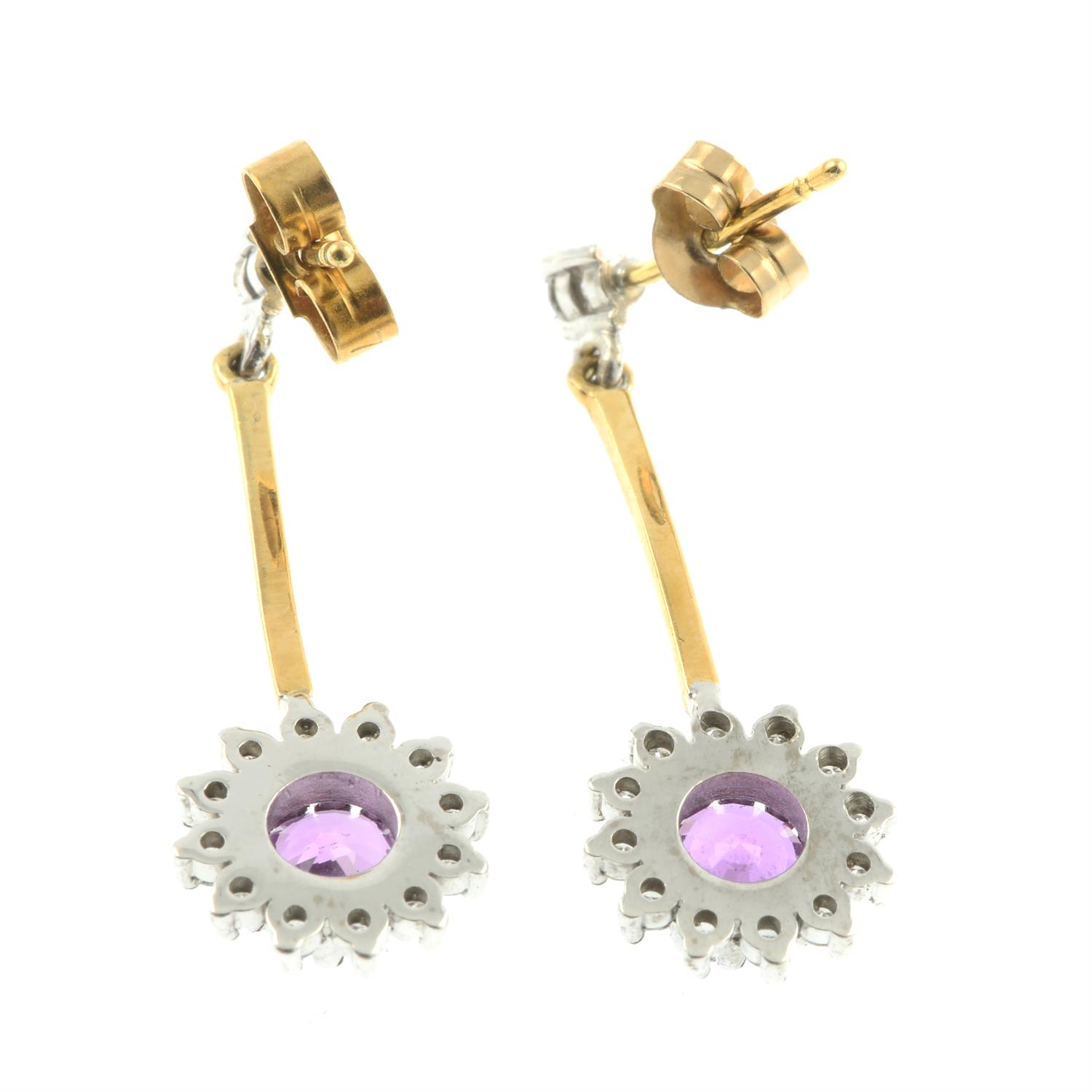 A pair of 18ct gold pink sapphire and brilliant-cut diamond cluster drop earrings. - Image 3 of 3